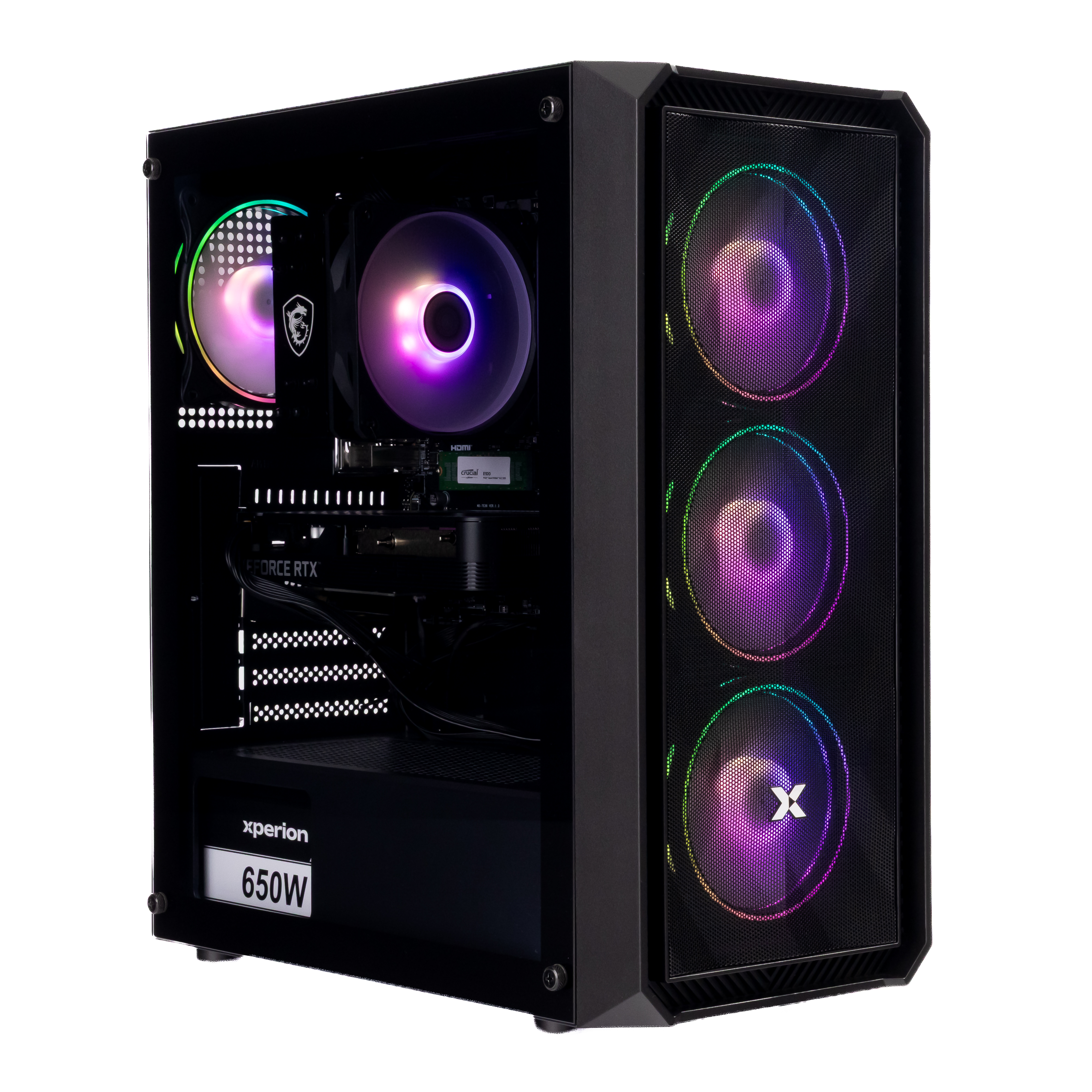 Schwarzes PC-Gehäuse mit RGB-Lüftern. Glasseitenteil und Mesh-Front.