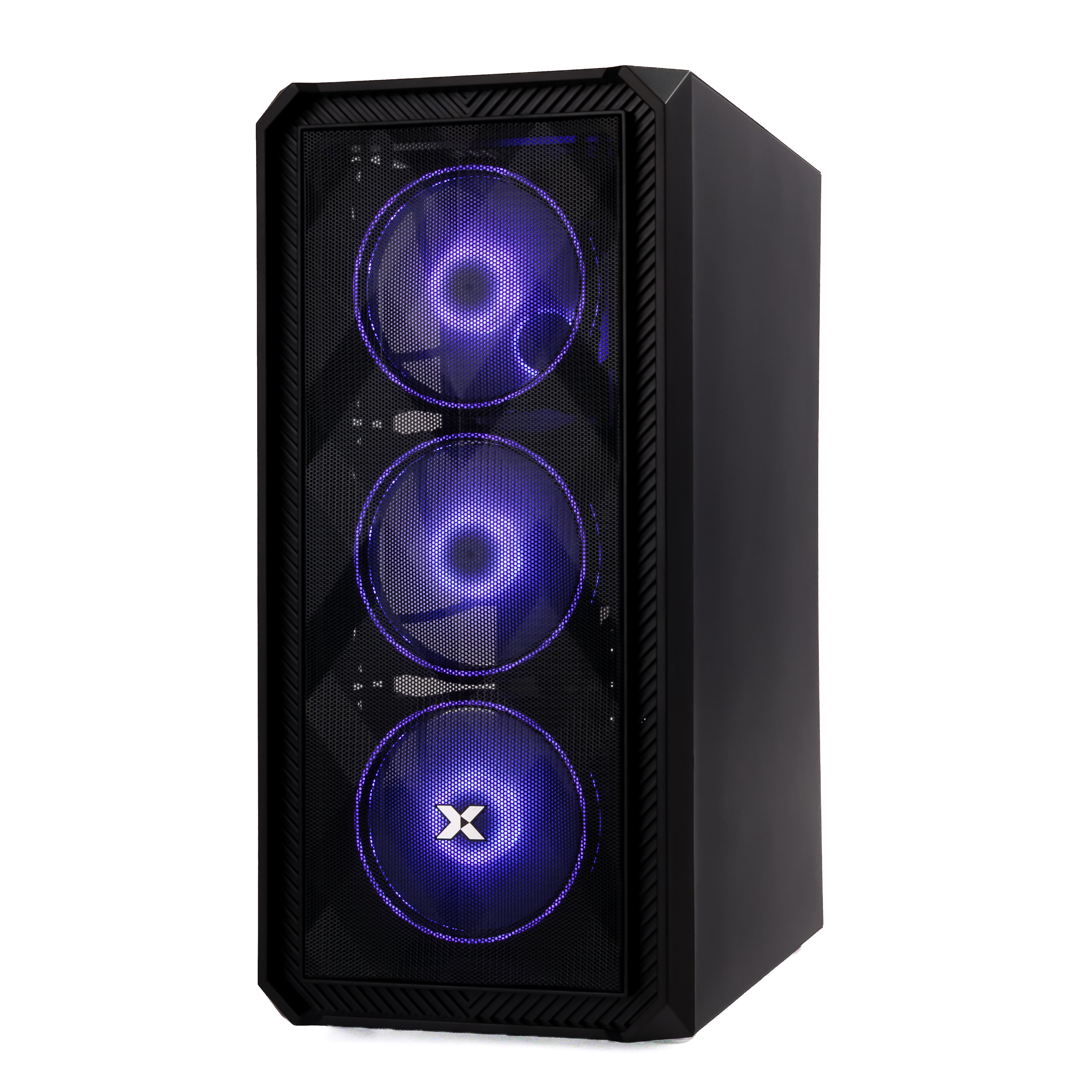 Schwarzer PC-Tower mit drei lila beleuchteten Lüftern vorne.