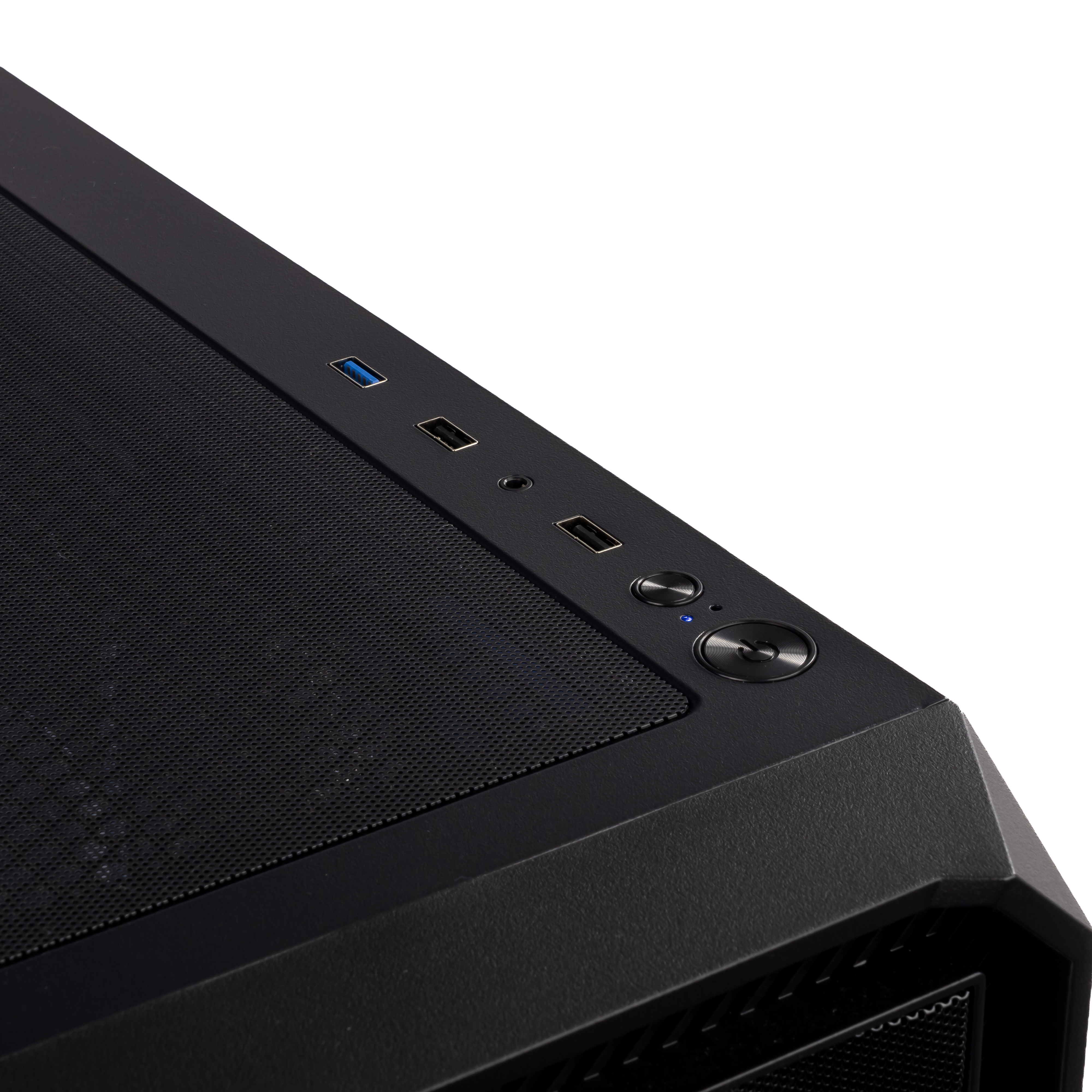 Schwarzes Computergehäuse mit USB-Anschlüssen und Power-Knopf oben.
