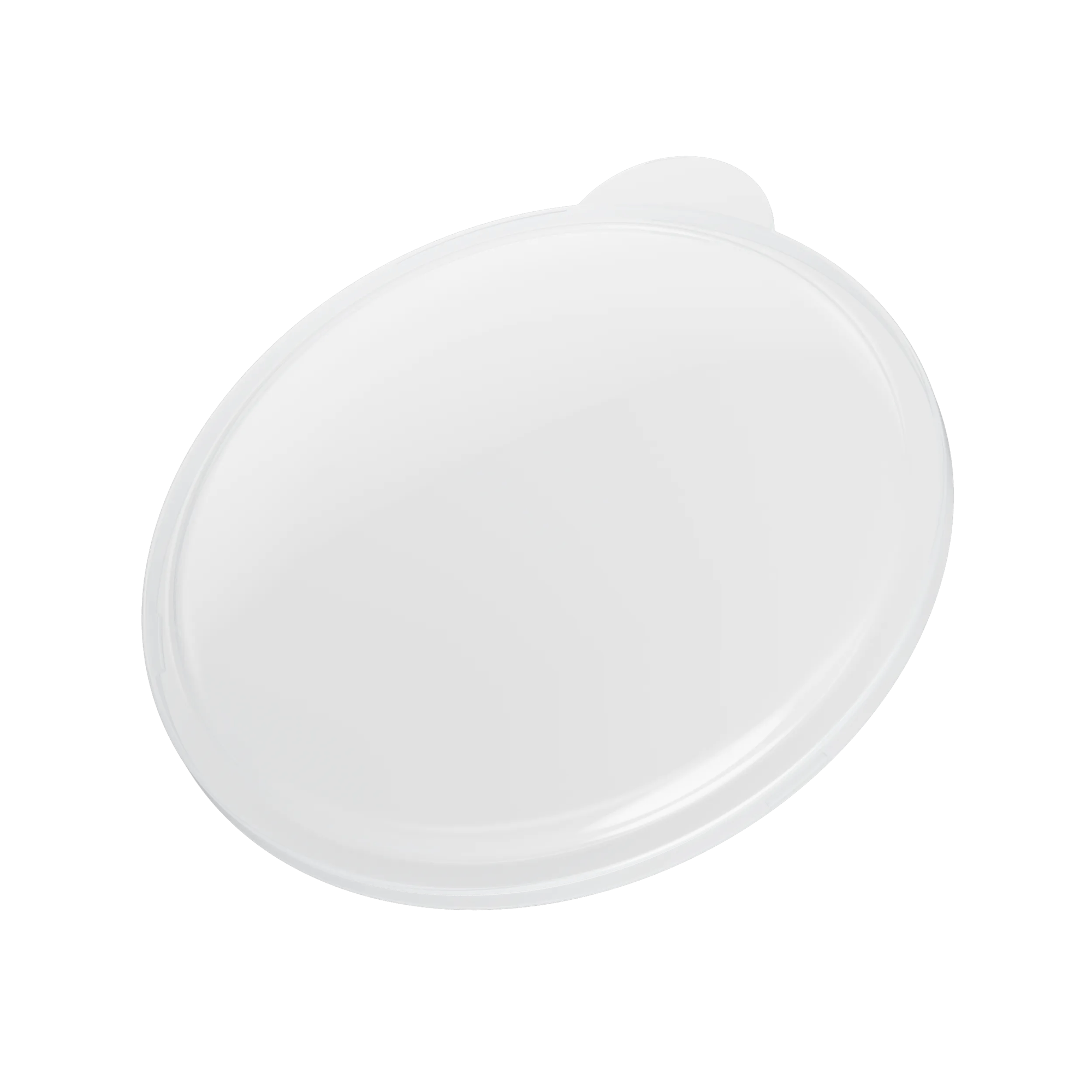 Biała, owalna plastikowa pokrywka z małą zakładką na górze.