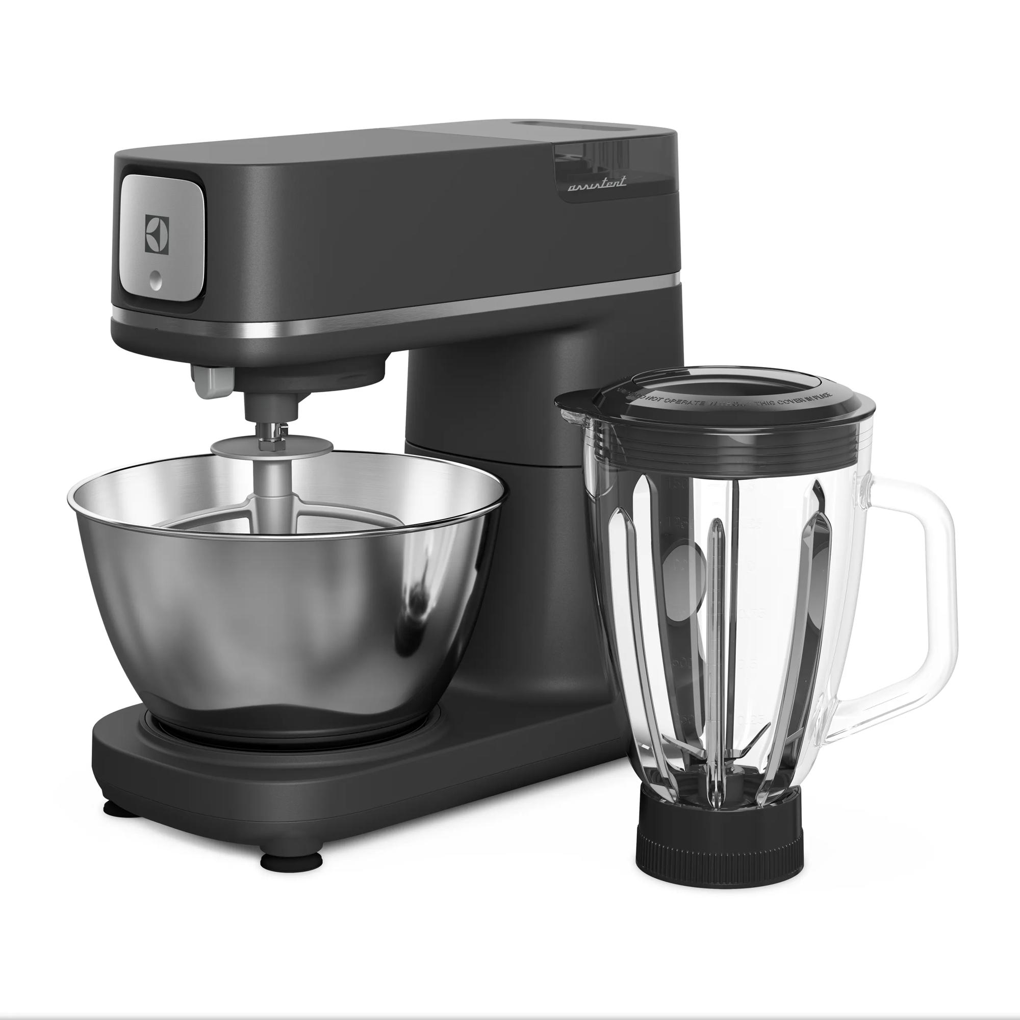 Ciemnoszary robot kuchenny z misą ze stali nierdzewnej i blenderem szklanym.