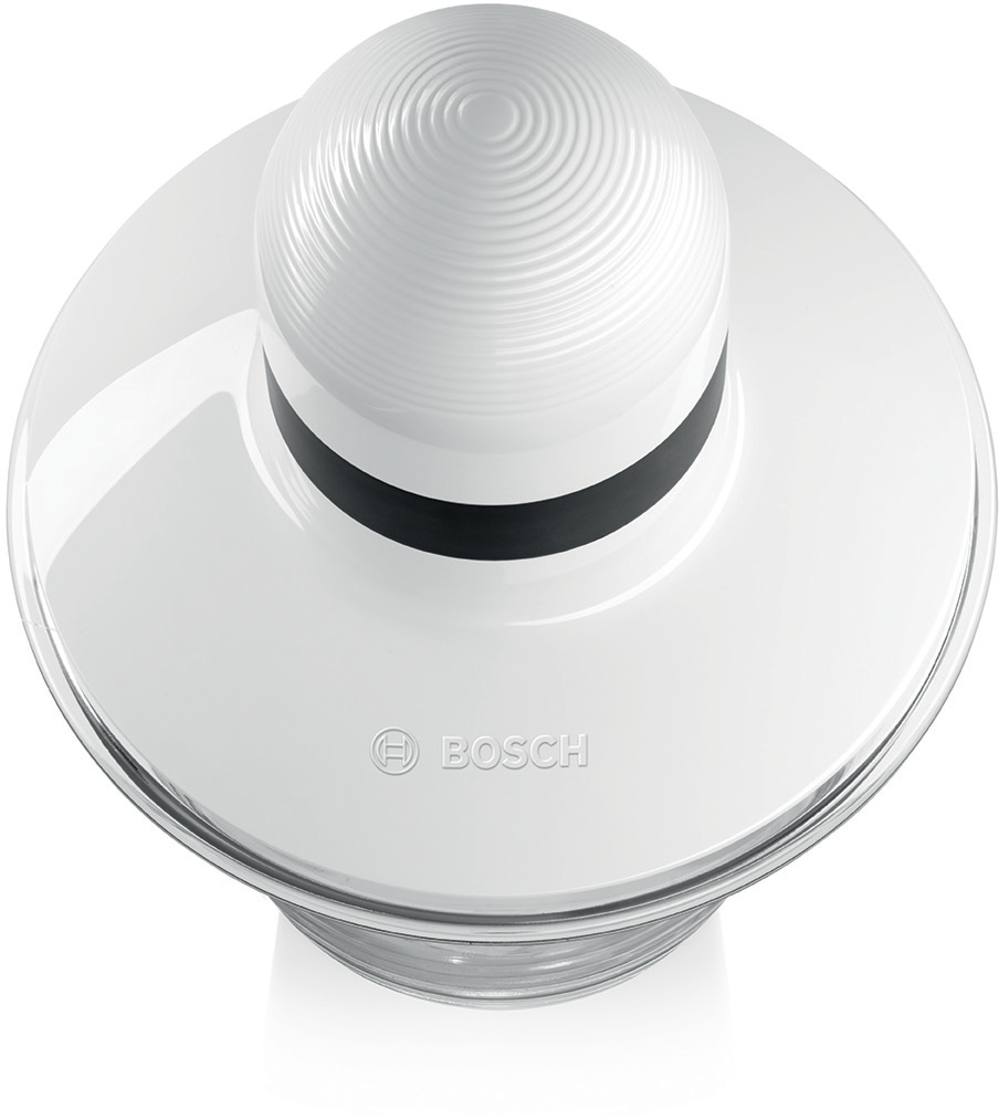 Weiße Bosch-Küchenmaschine mit schwarzem Band und Ringen.