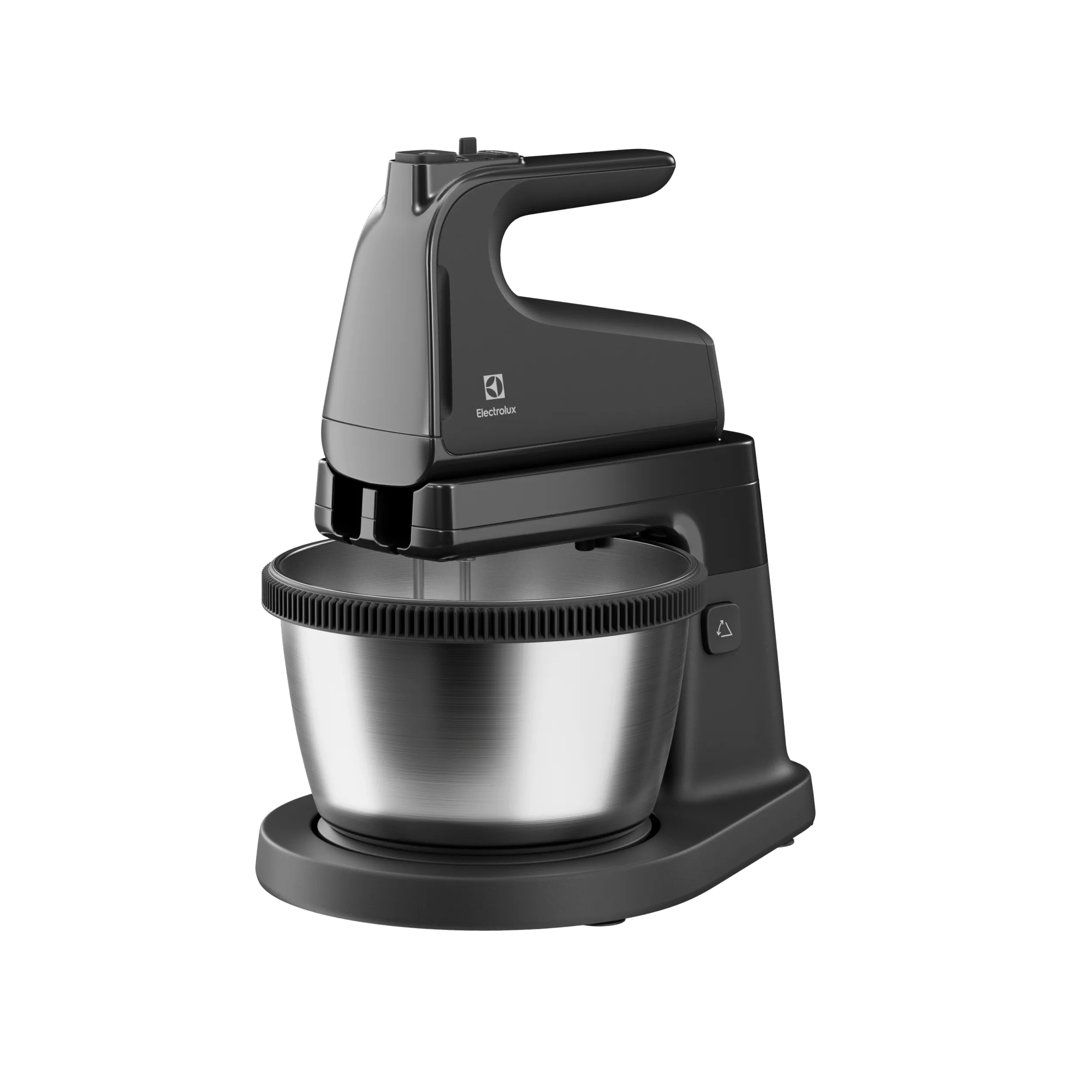 Czarny mikser ręczny z misą ze stali nierdzewnej i logo Electrolux.