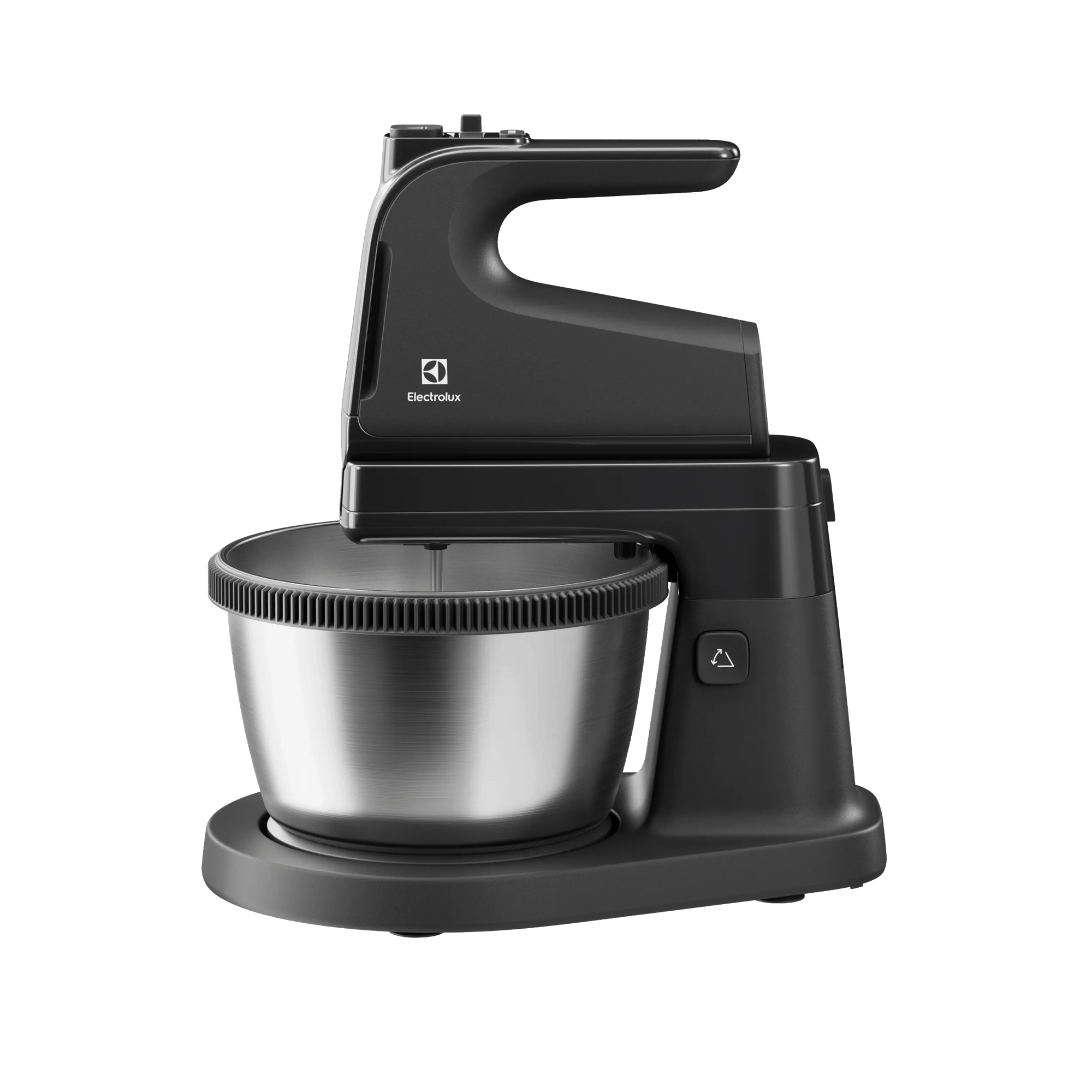 Czarny mikser ręczny Electrolux z misą ze stali nierdzewnej. Posiada srebrną trzepaczkę.