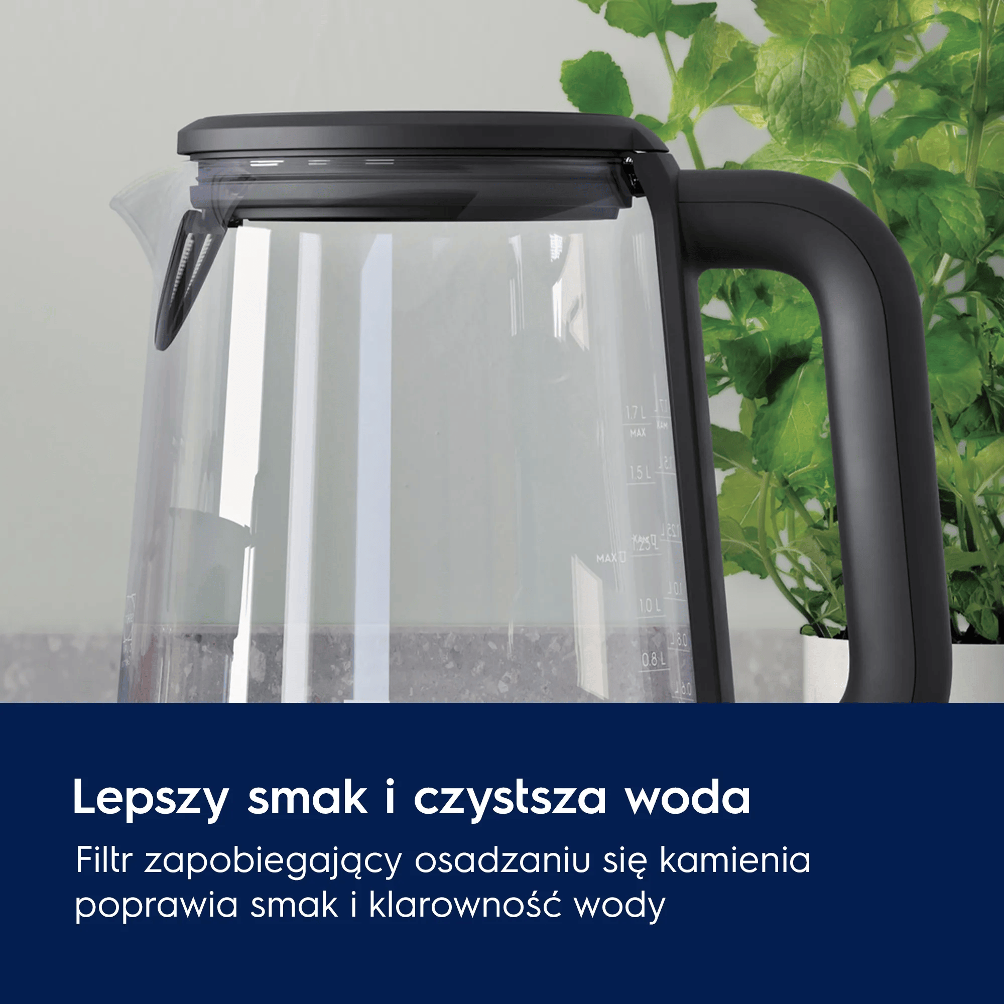 Szklany czajnik z czarnym uchwytem i pokrywką stoi przed zielonymi liśćmi.