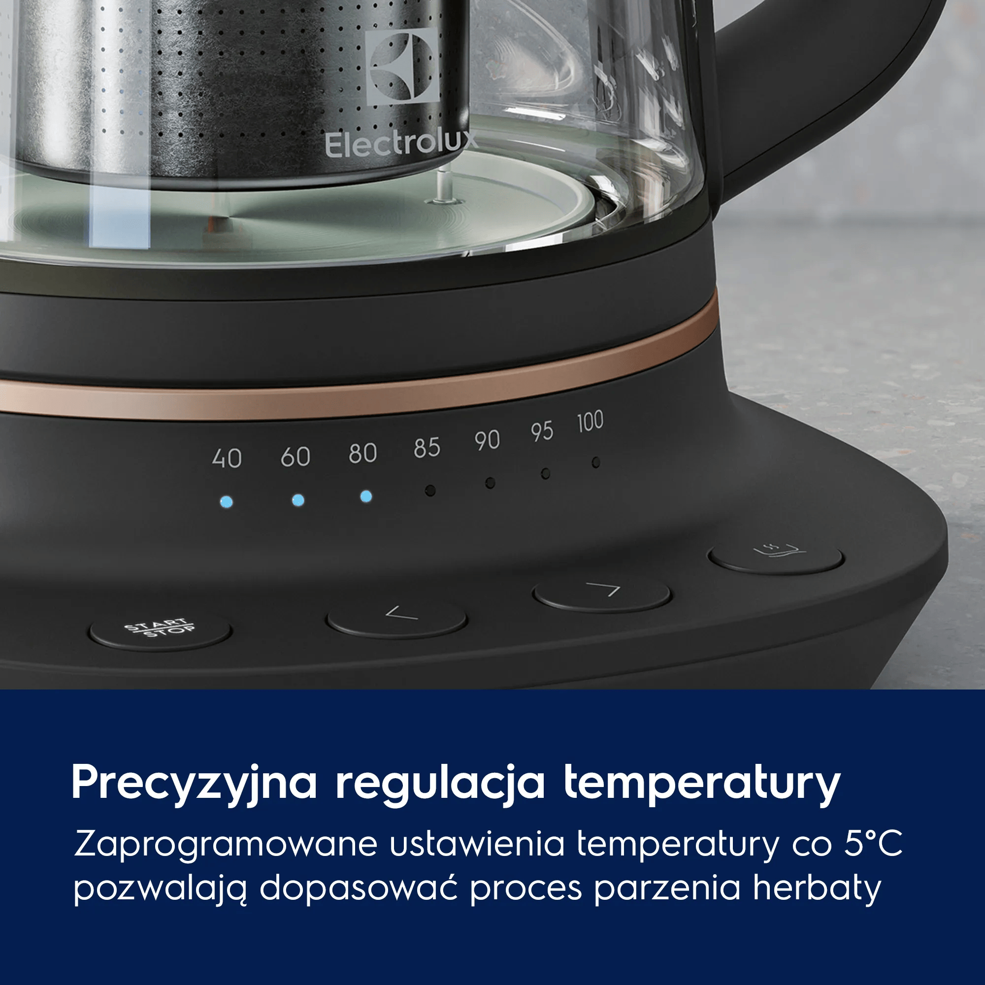 Zbliżenie czajnika elektrycznego z regulacją temperatury i stalowym zaparzaczem do herbaty.