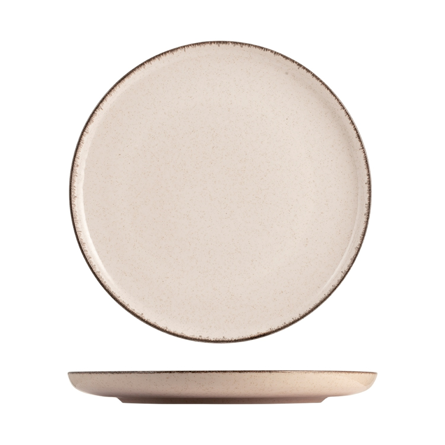 Un piatto rotondo in ceramica chiara con bordo marrone, vista frontale e laterale.