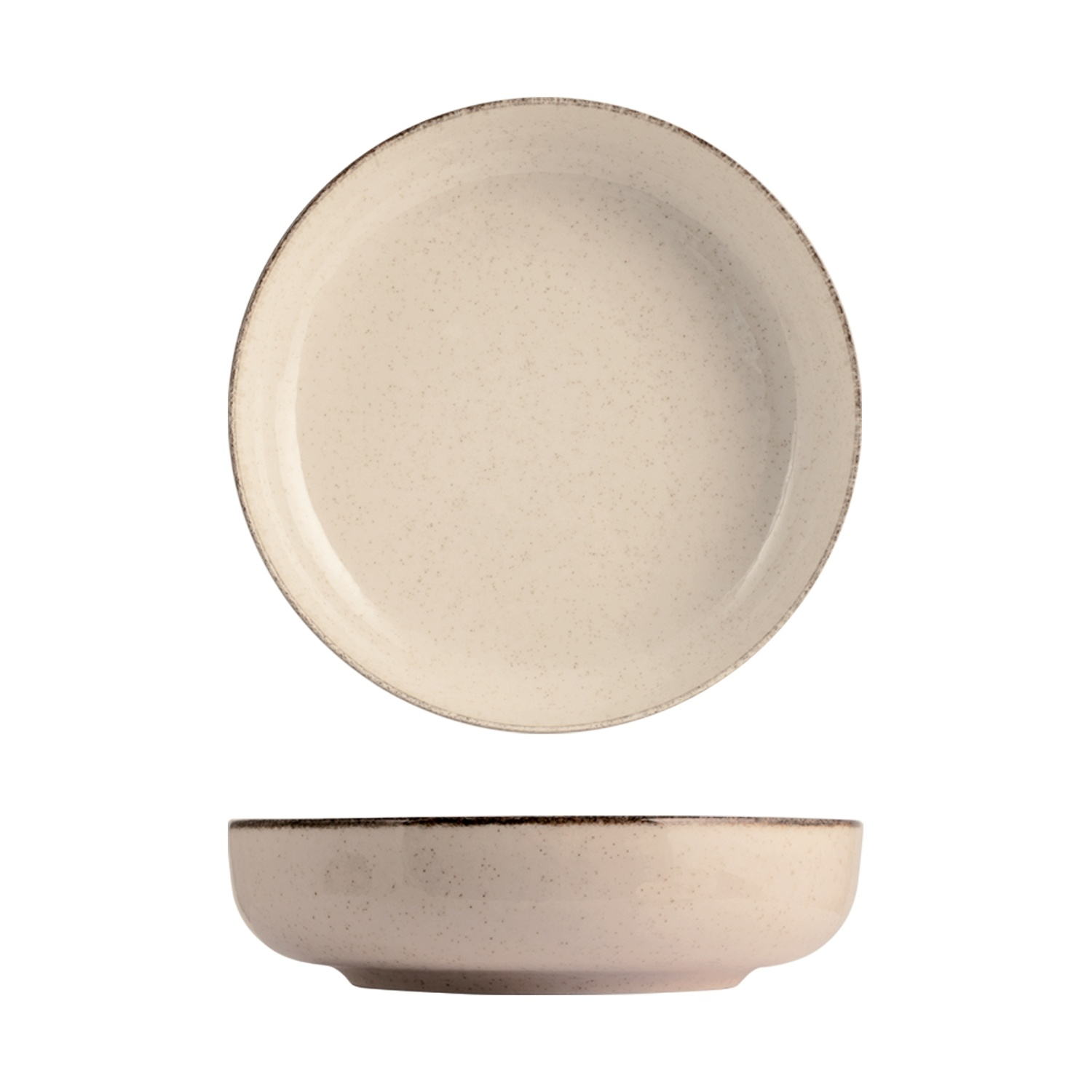 Una ciotola e un piatto in ceramica chiara con bordi marroni e macchie.