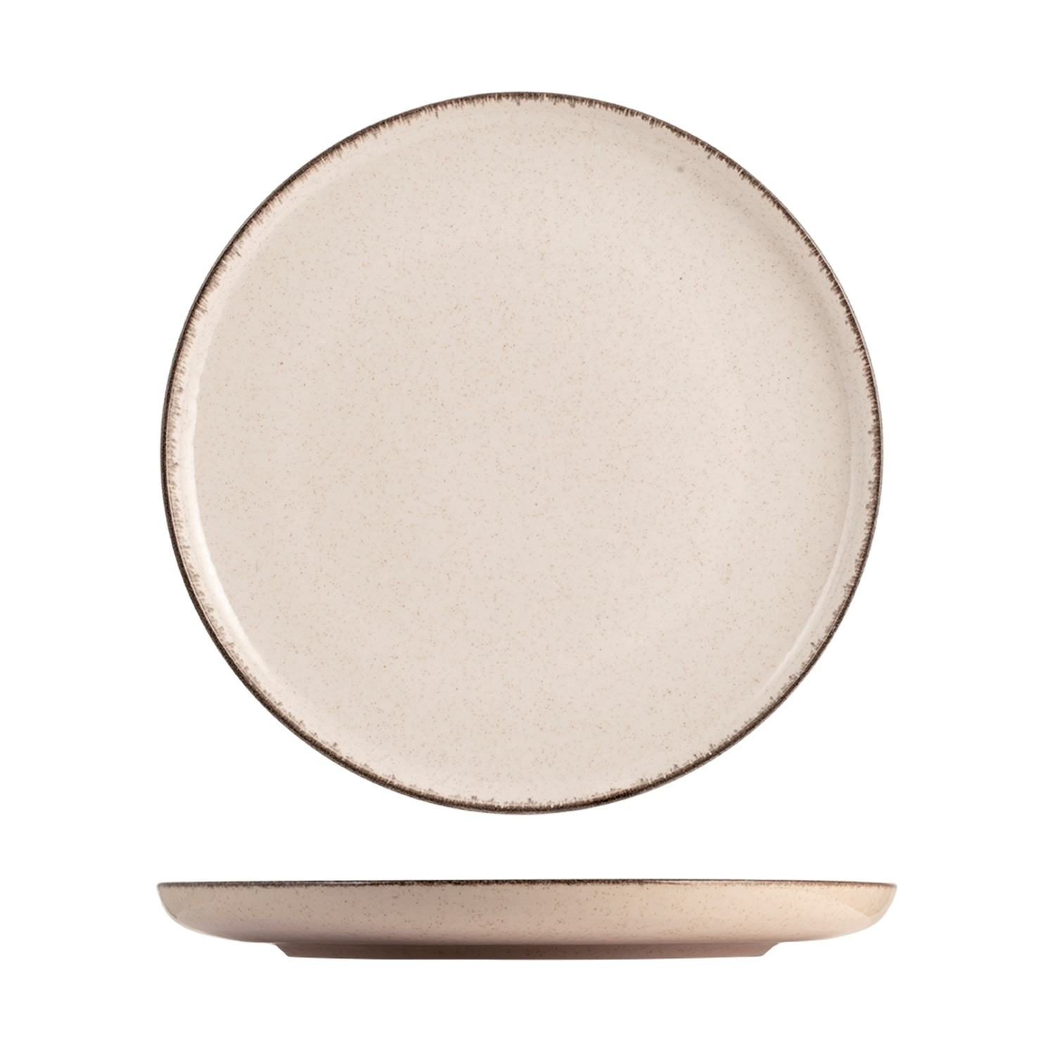 Un piatto in ceramica beige con bordo marrone, visto di fronte e di lato.