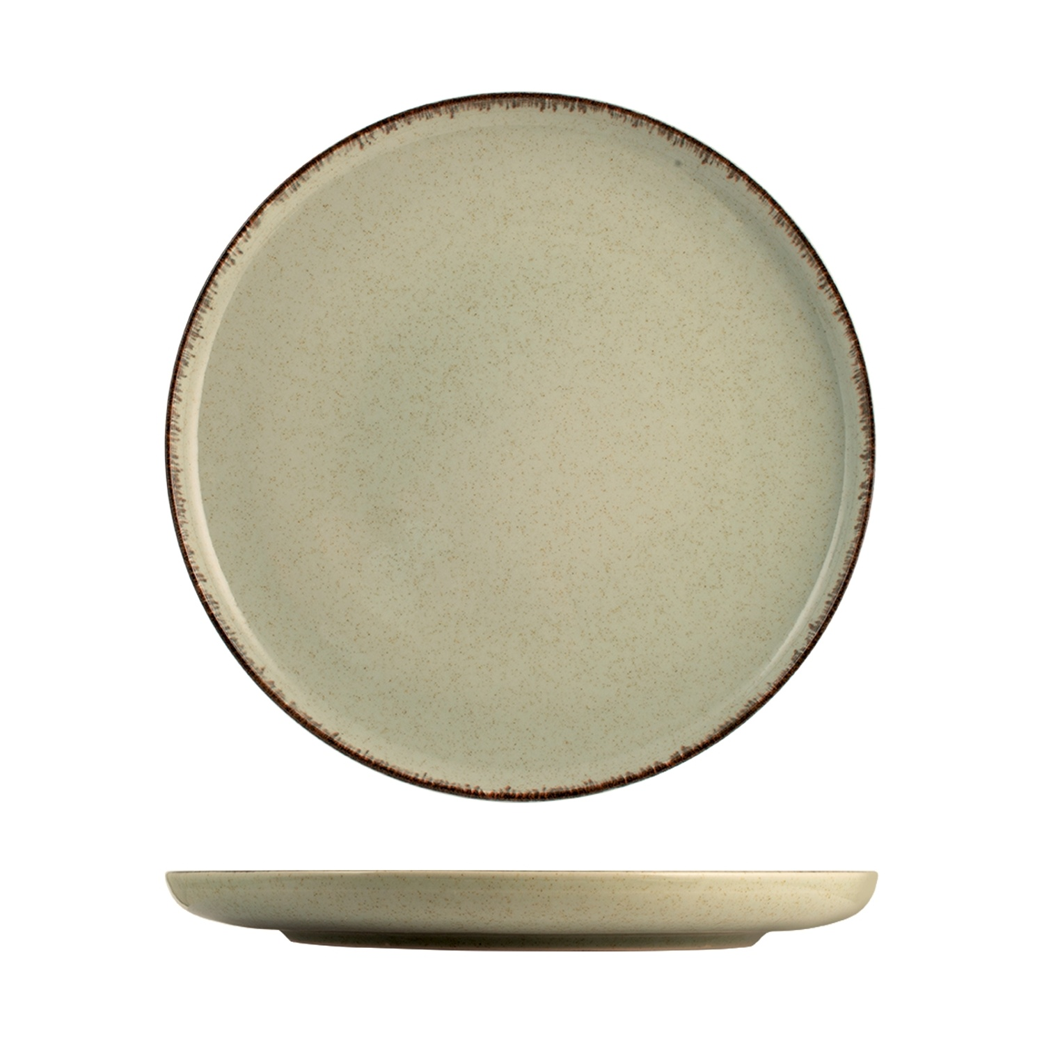 Un piatto in ceramica beige con bordo marrone, visto frontalmente e di lato.