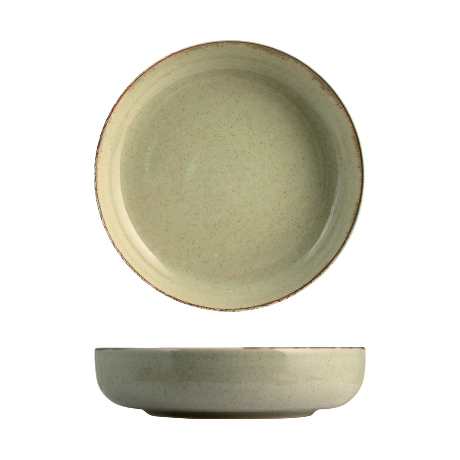 Una ciotola in ceramica verde chiaro con accenti marroni, vista dall'alto e di lato.