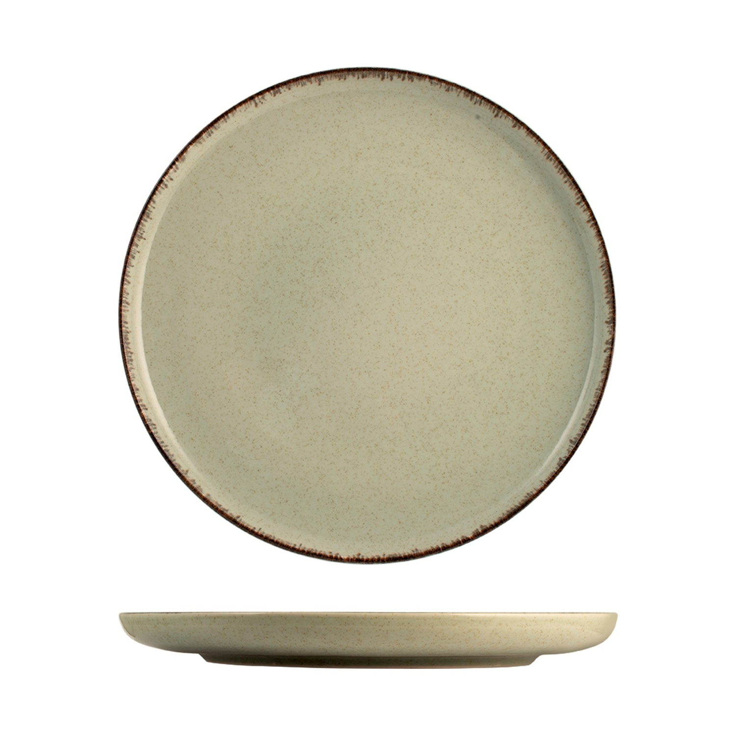 Un piatto piano in ceramica color crema con bordo marrone.