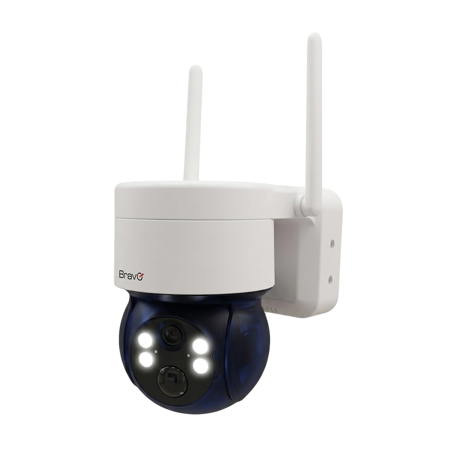 Viene mostrata una telecamera di sicurezza BravG bianca e blu con due antenne. Ha quattro luci LED.