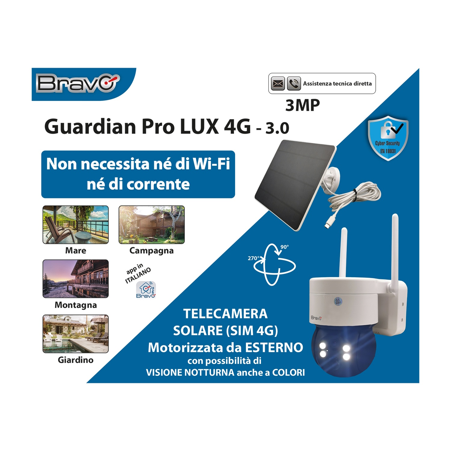 Telecamera Bravo Guardian Pro LUX 4G con pannello solare. Non necessita Wi-Fi/corrente.