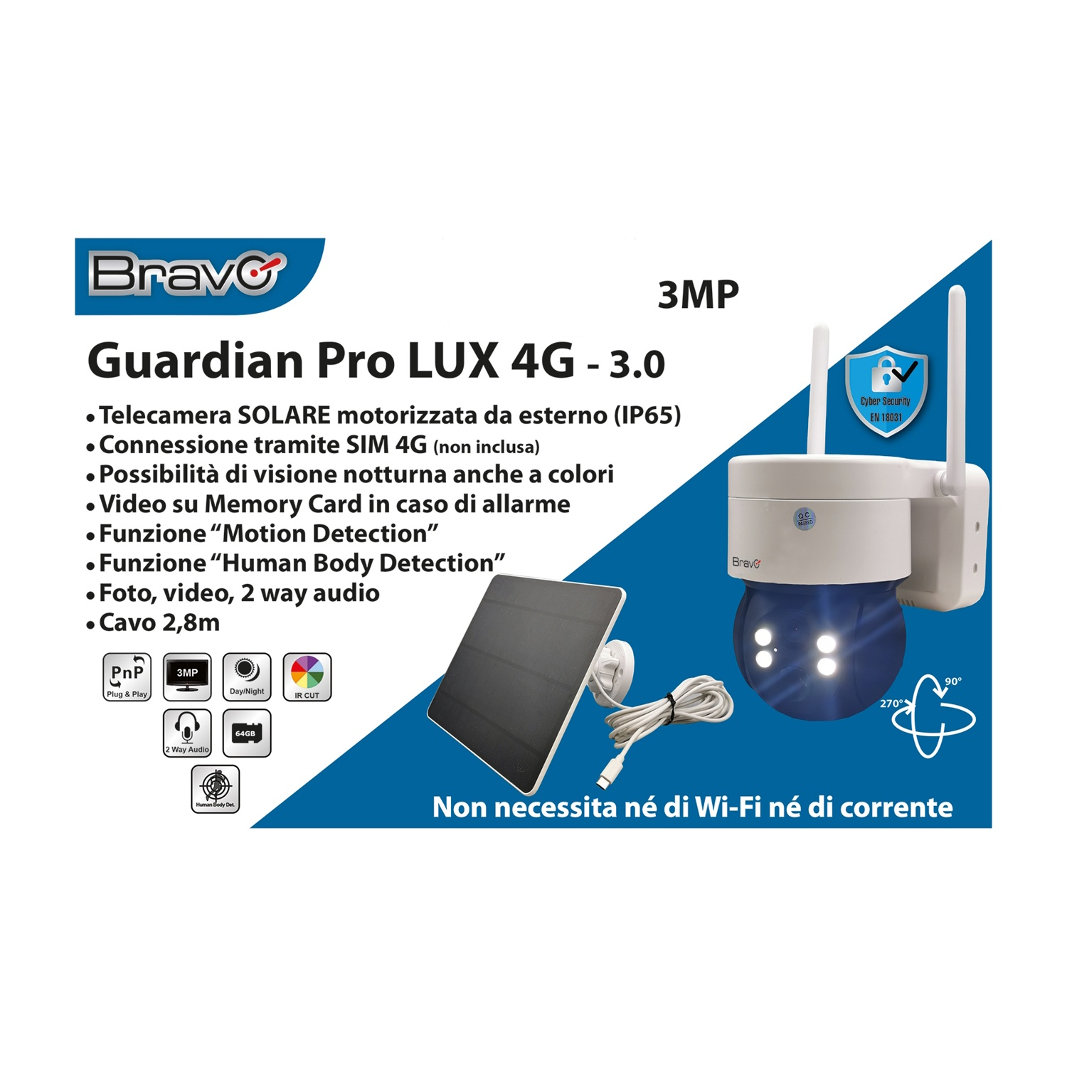 Telecamera Bravo Guardian Pro LUX 4G 3MP con solare, 4G, visione notturna, rilevamento movimento.