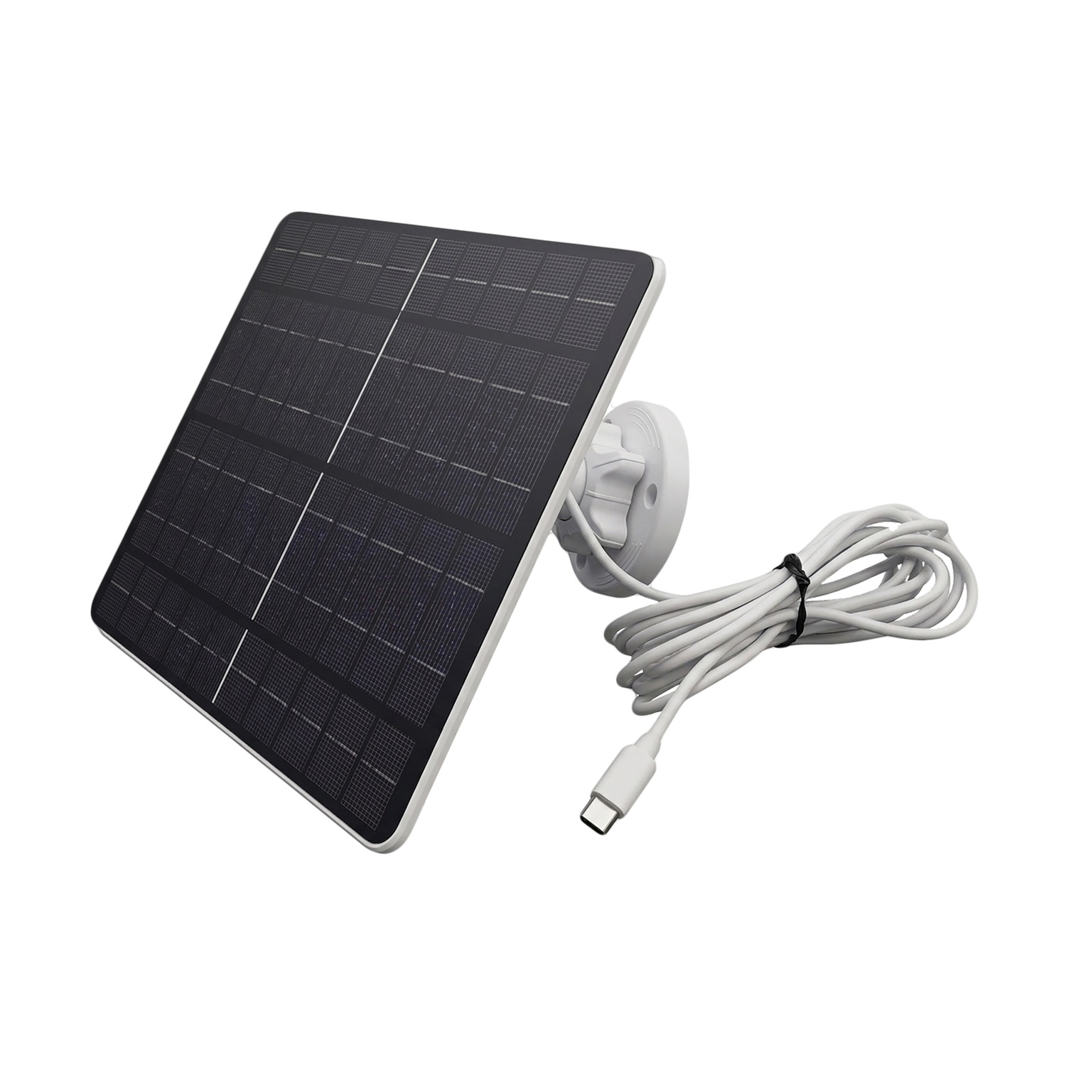 Un pannello solare bianco con superficie nera e cavo bianco con connettore USB-C.