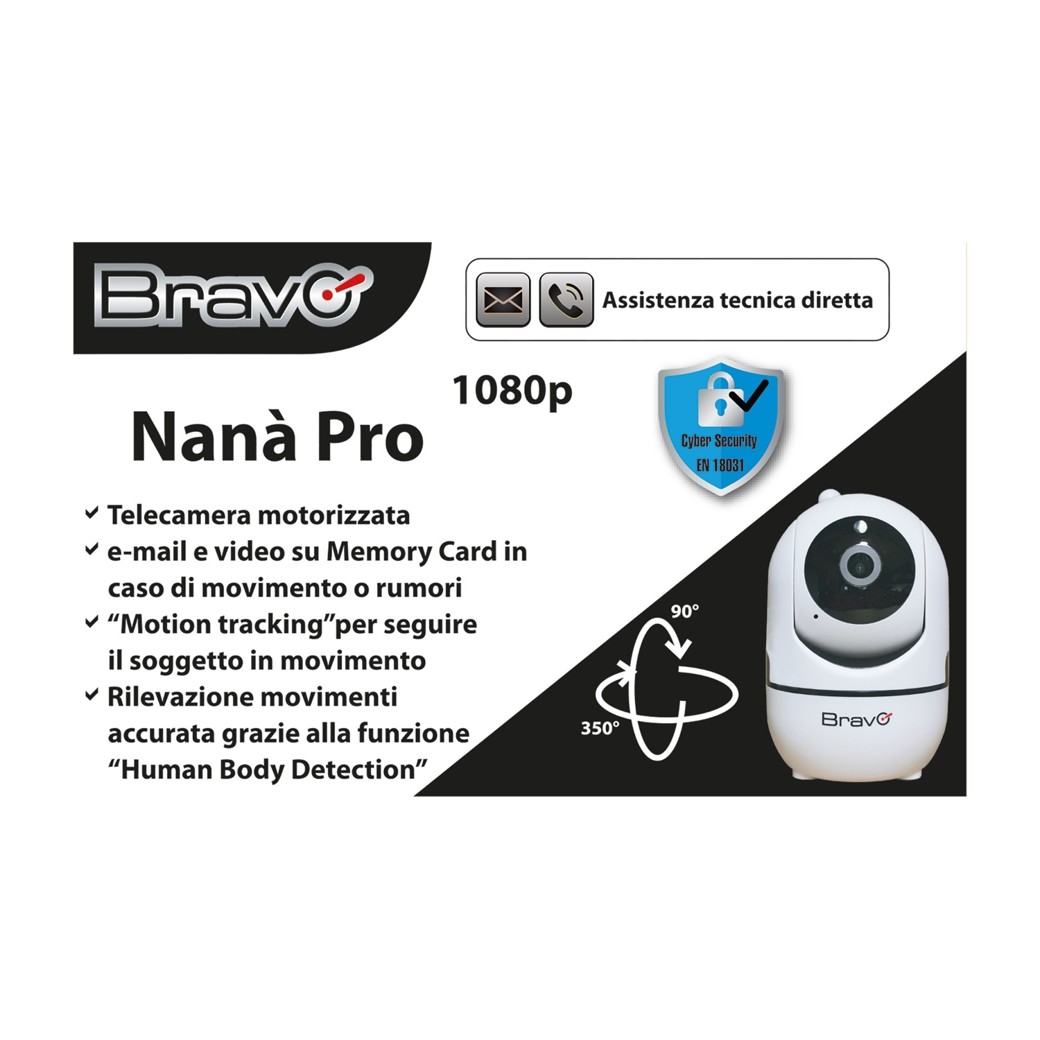 Un monitor di sicurezza bianco Bravo Nanà Pro 1080p con rilevamento del movimento.