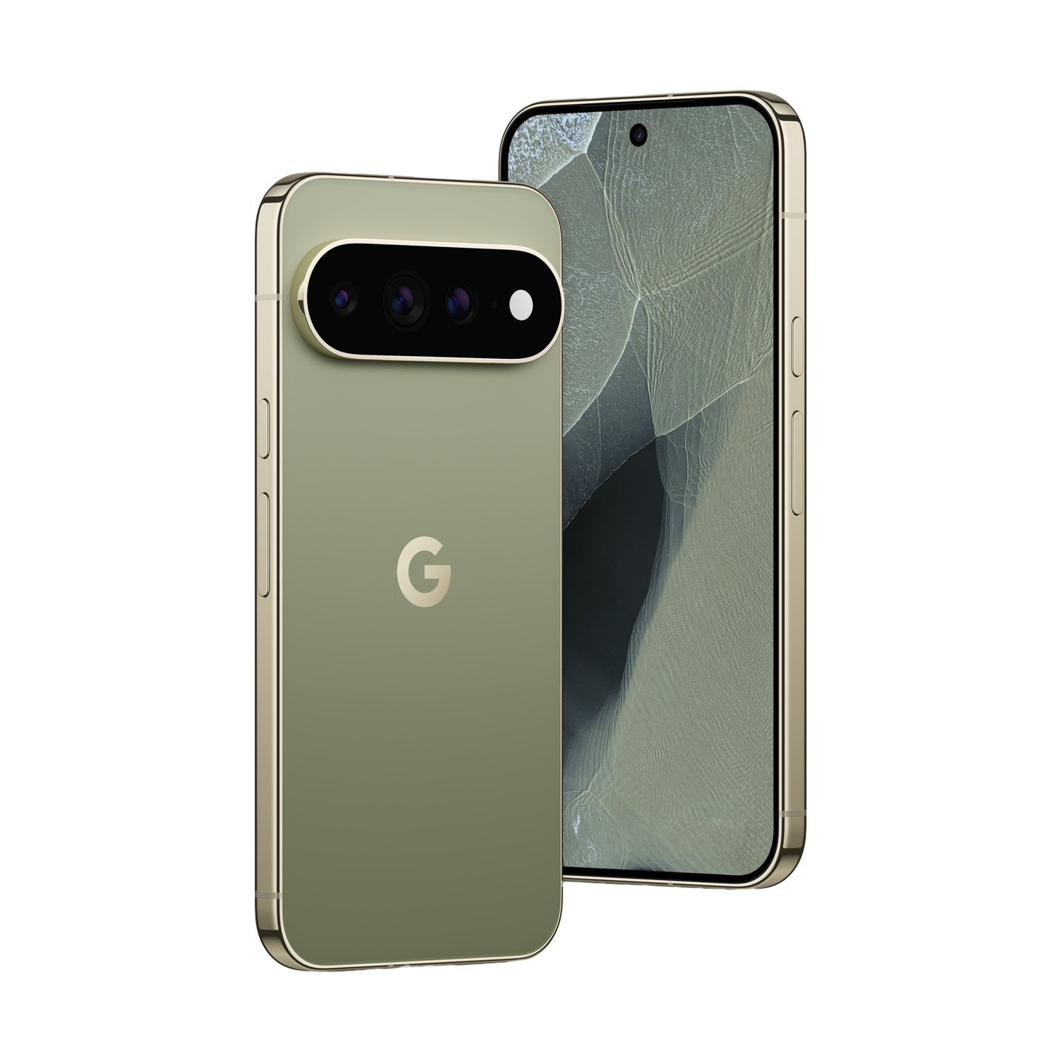 Due smartphone con bordo dorato, uno mostra il retro con fotocamere e logo Google.