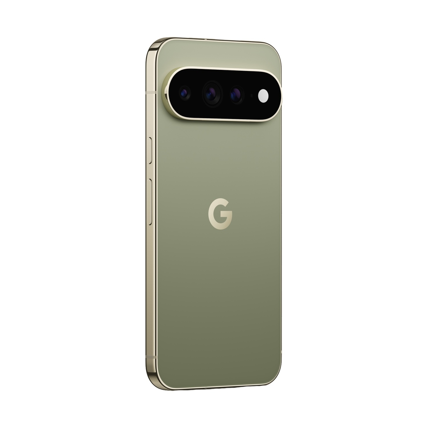 Uno smartphone verde chiaro con cornice e barra fotocamera dorate.