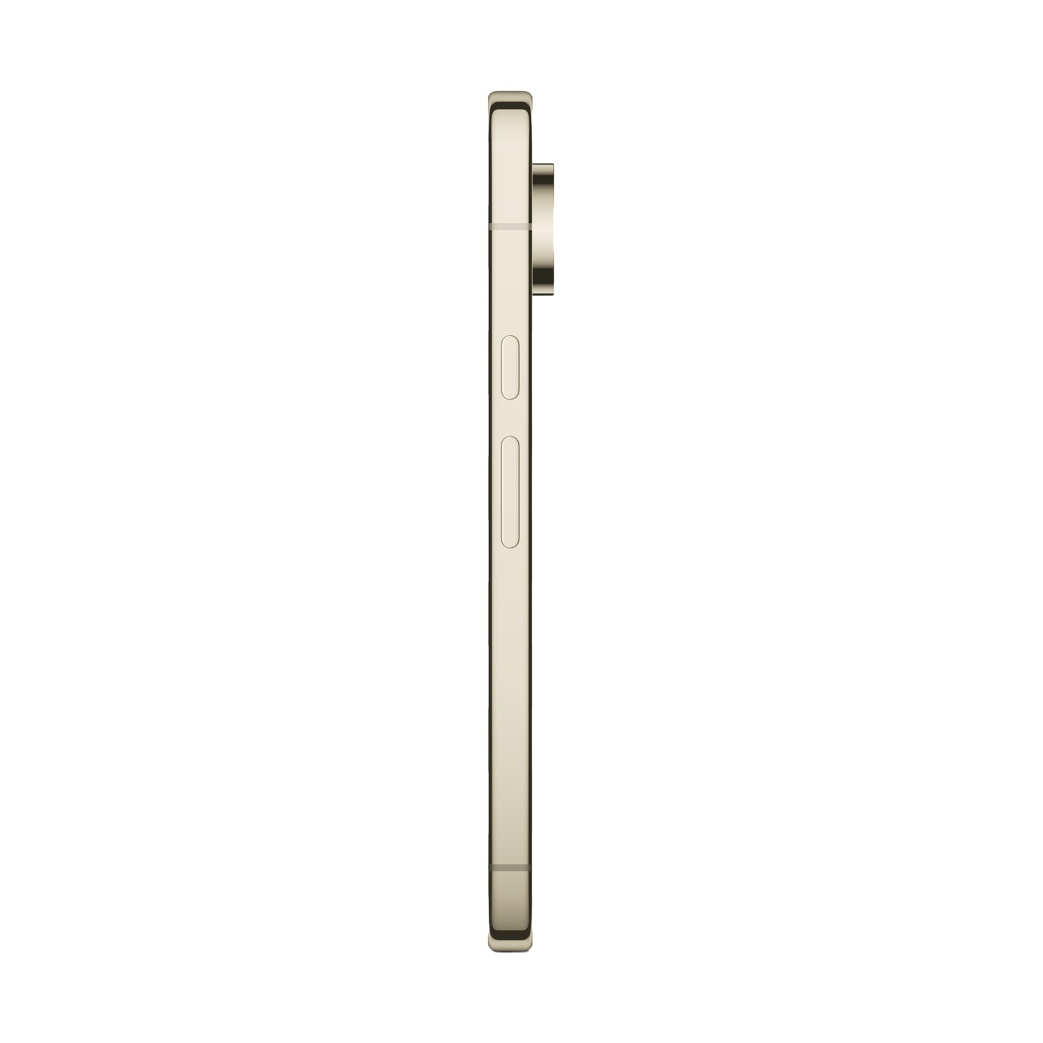 Smartphone dorato di profilo su sfondo bianco con modulo fotocamera.