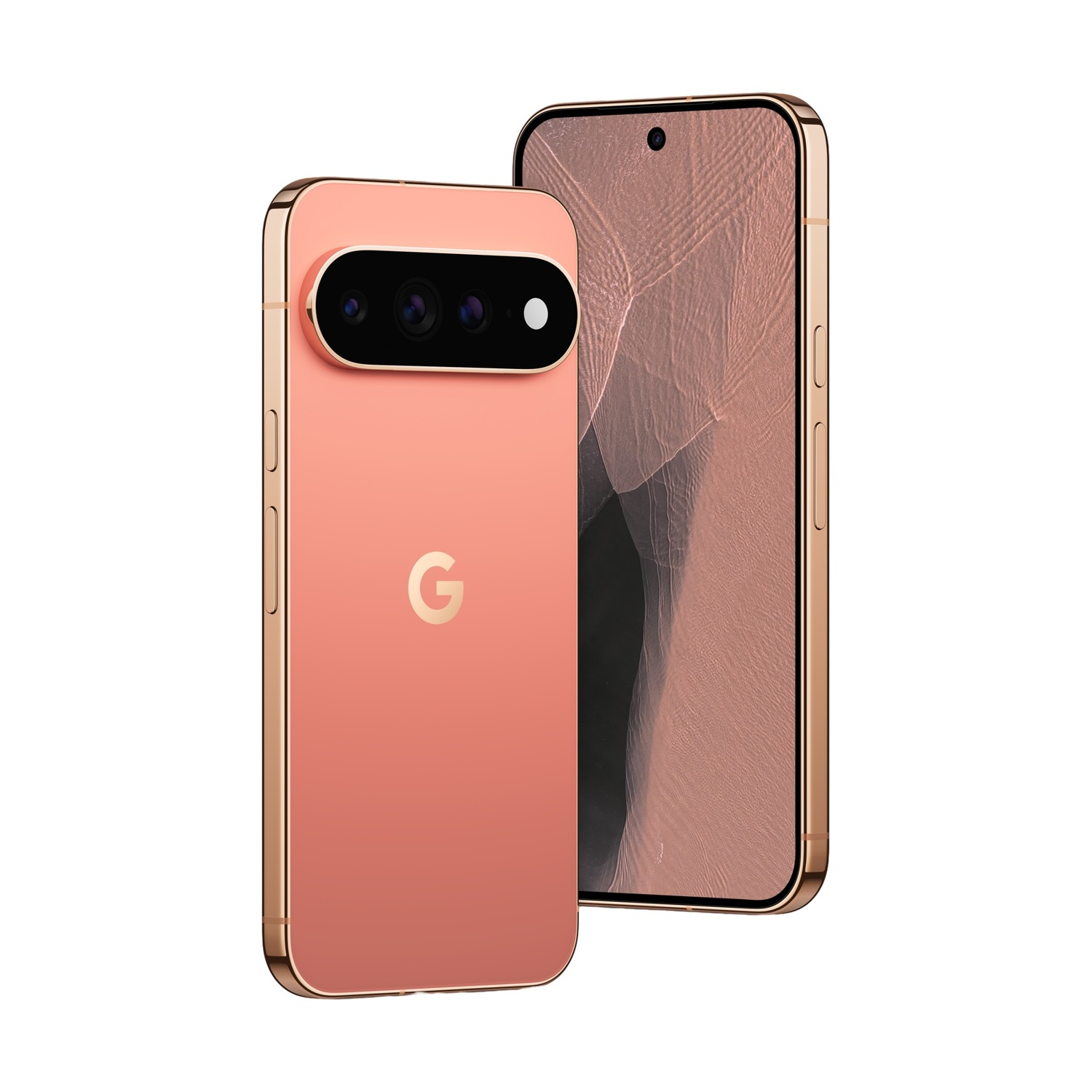 Due smartphone color corallo con cornici dorate, uno mostra le fotocamere, l'altro uno schermo.