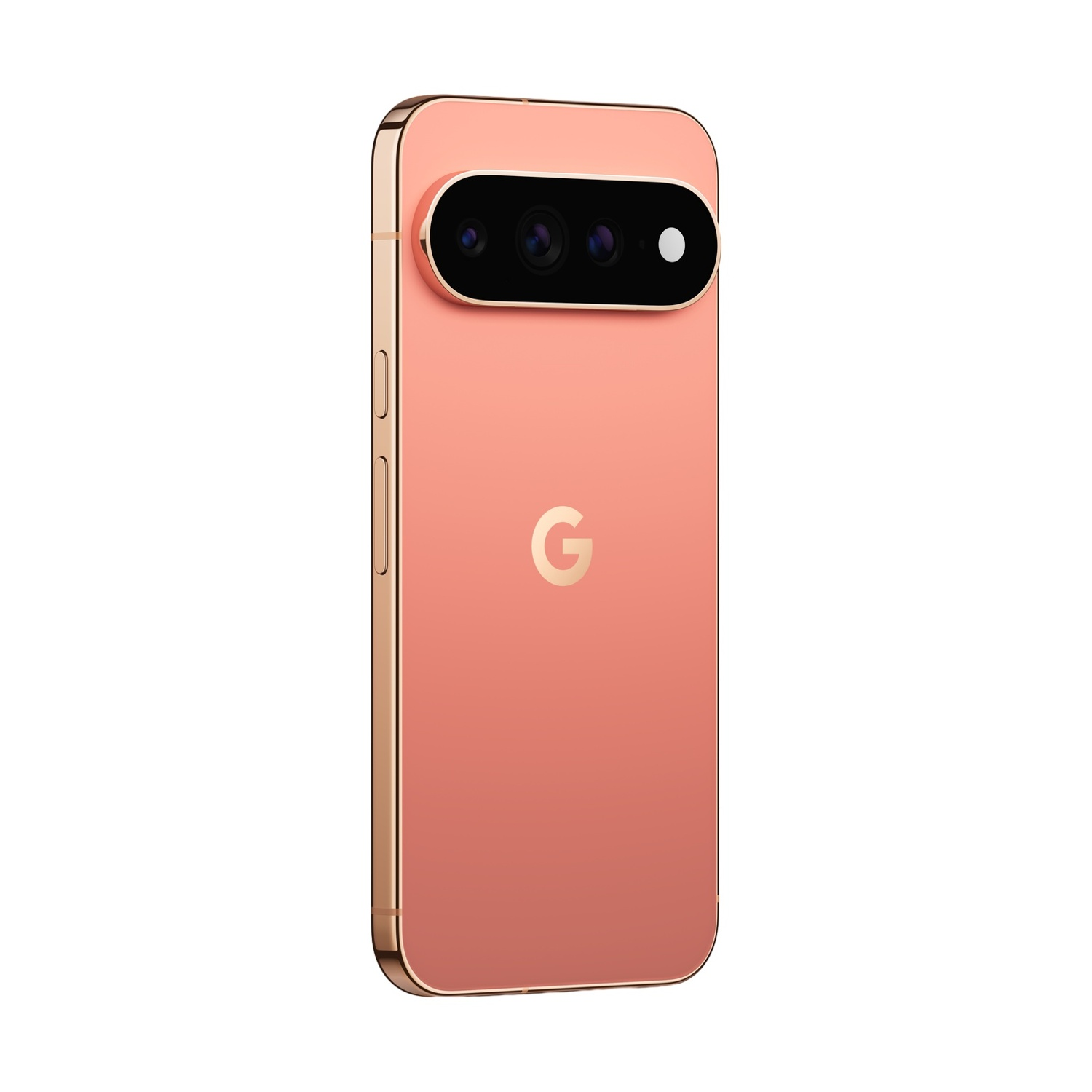 Uno smartphone Google Pixel color corallo con cornice e barra fotocamera dorate.