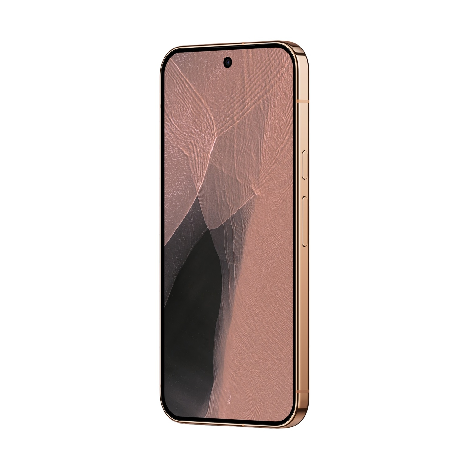 Uno smartphone dorato con sfondo oro rosa è mostrato di sbieco su sfondo bianco.