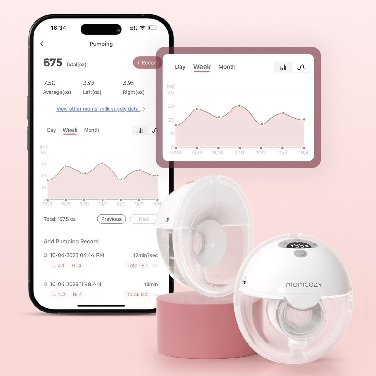Ein Smartphone zeigt eine Milchpumpen-App mit Graphen. Daneben liegen Milchpumpenteile.
