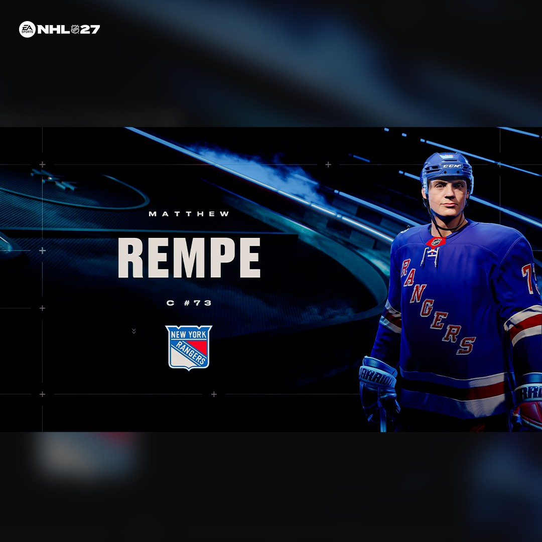 Ein Eishockeyspieler der New York Rangers, Matthew Rempe, Nr. 73, steht im blauen Trikot.