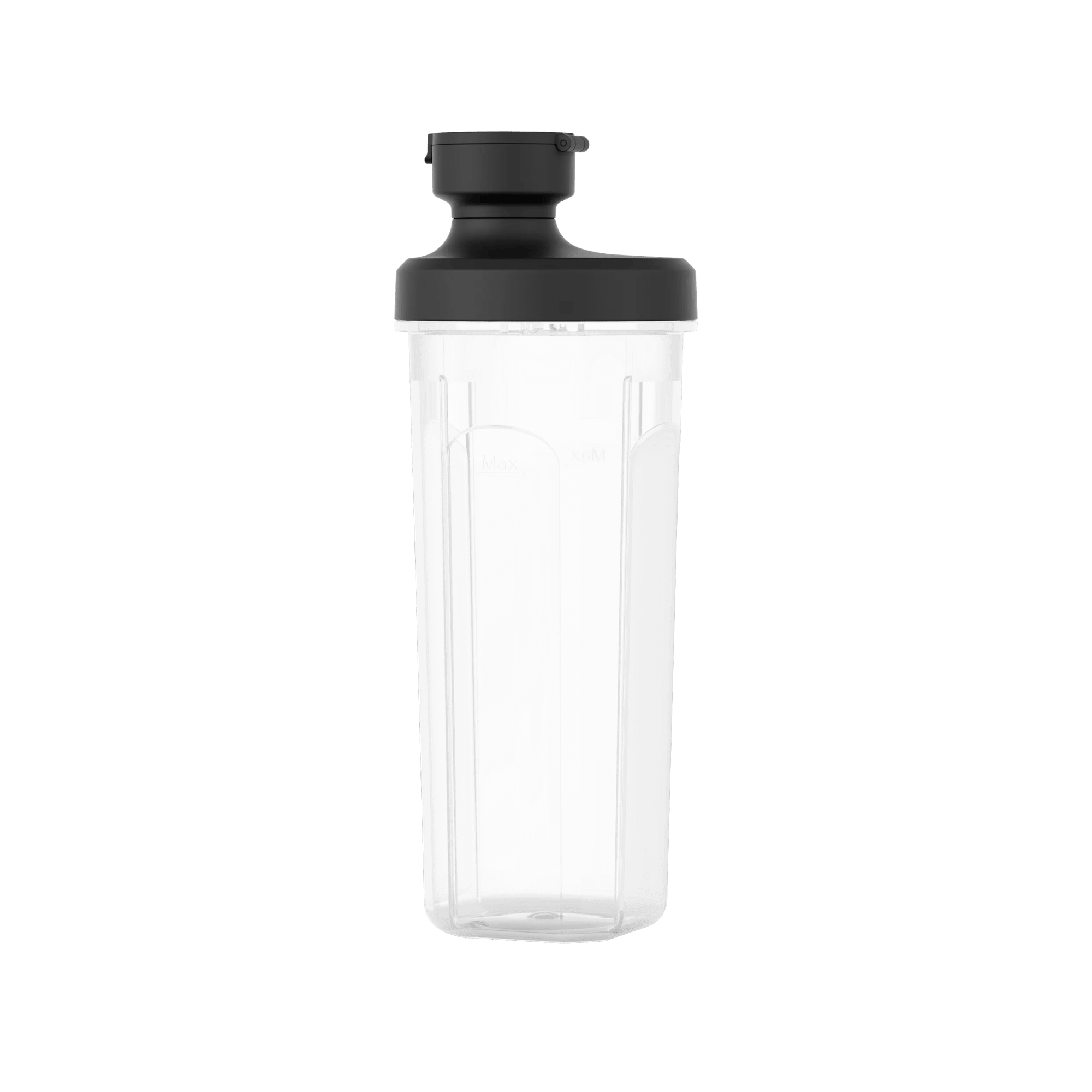 Przezroczysty plastikowy kubek blendera z czarną pokrywką i miarką.