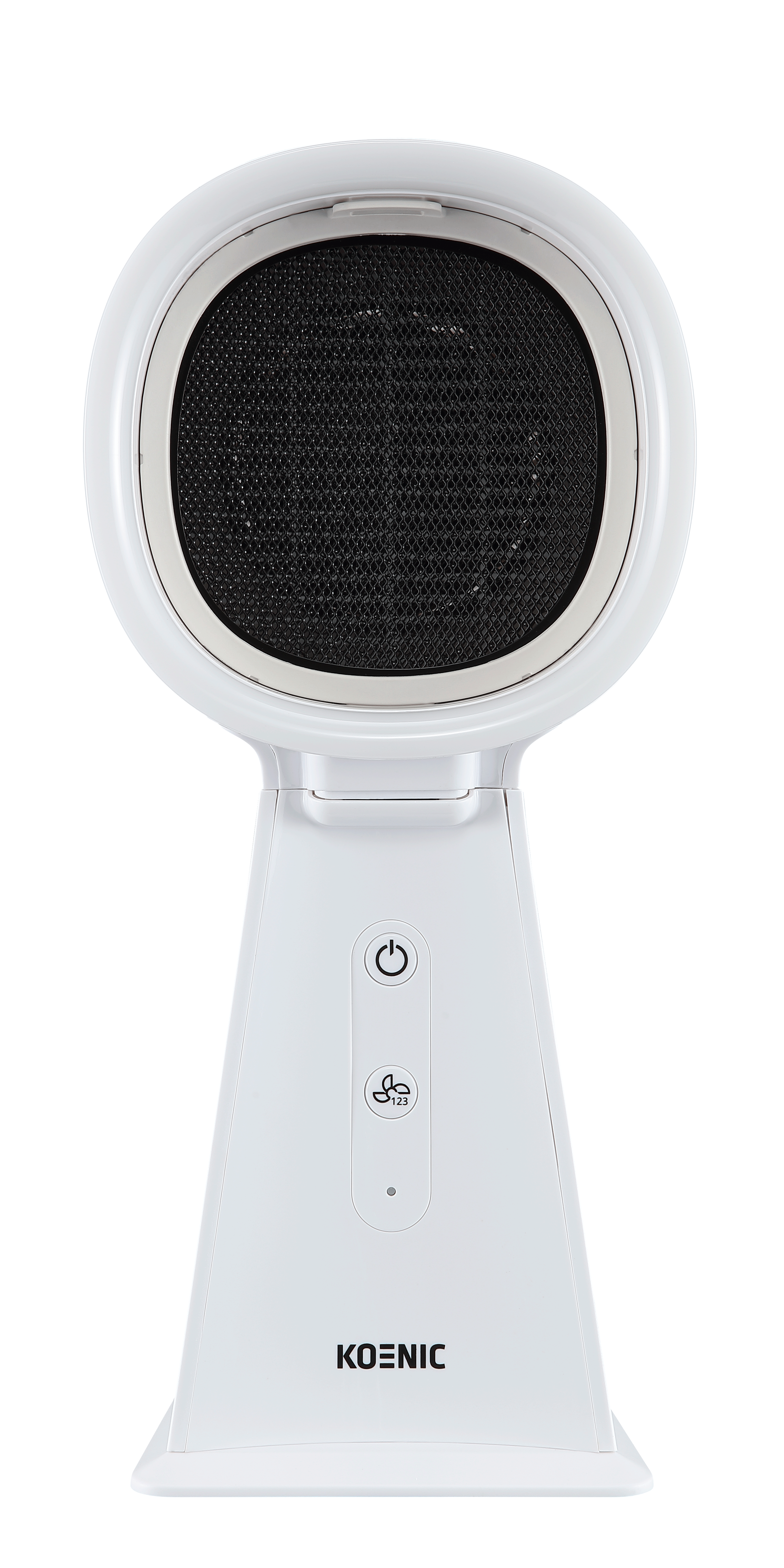 Ein weißer Ventilator mit rundem Mesh-Gitter vorne und Bedienelementen am Sockel.
