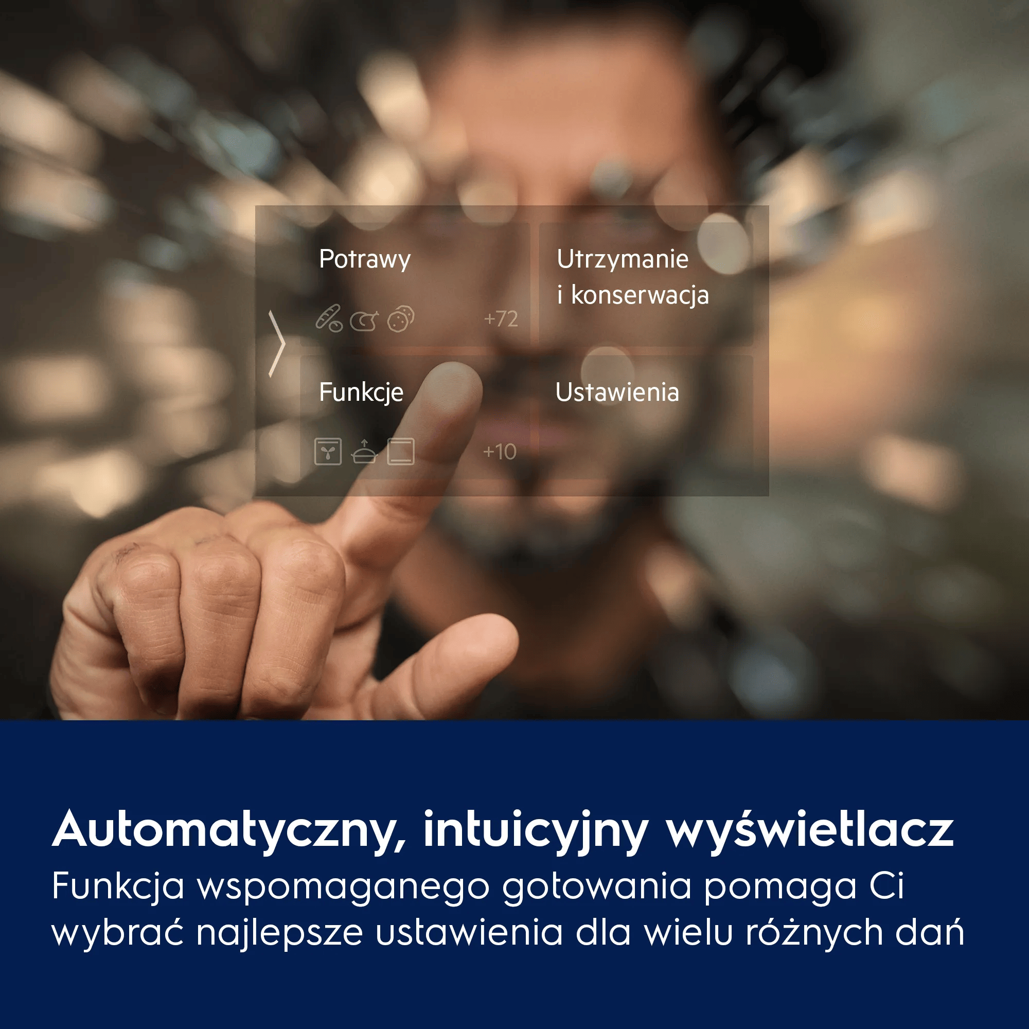 Mężczyzna dotyka ekranu dotykowego z przepisami, funkcjami i ustawieniami.