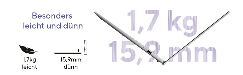Ein Laptop mit 1,7 kg Gewicht und 15,9 mm Dicke.