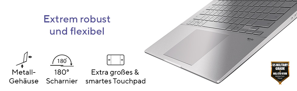 Ein silbernes Laptop mit Text und Symbolen für Metallgehäuse, 180° Scharnier, großes Touchpad.