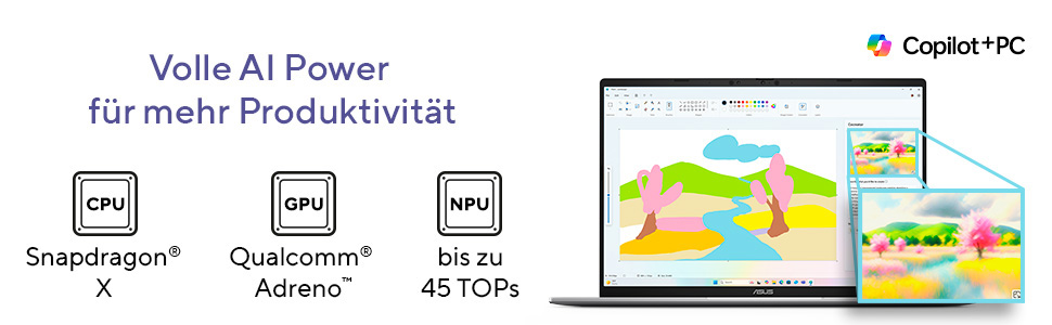 Laptop mit KI-Symbolen (CPU, GPU, NPU) und Bildbearbeitungssoftware.