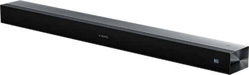 Fekete, téglalap alakú soundbar Xiaomi logóval és kék kijelzővel.