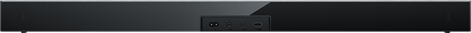 Fekete soundbar portokkal: táp, USB-C, HDMI.