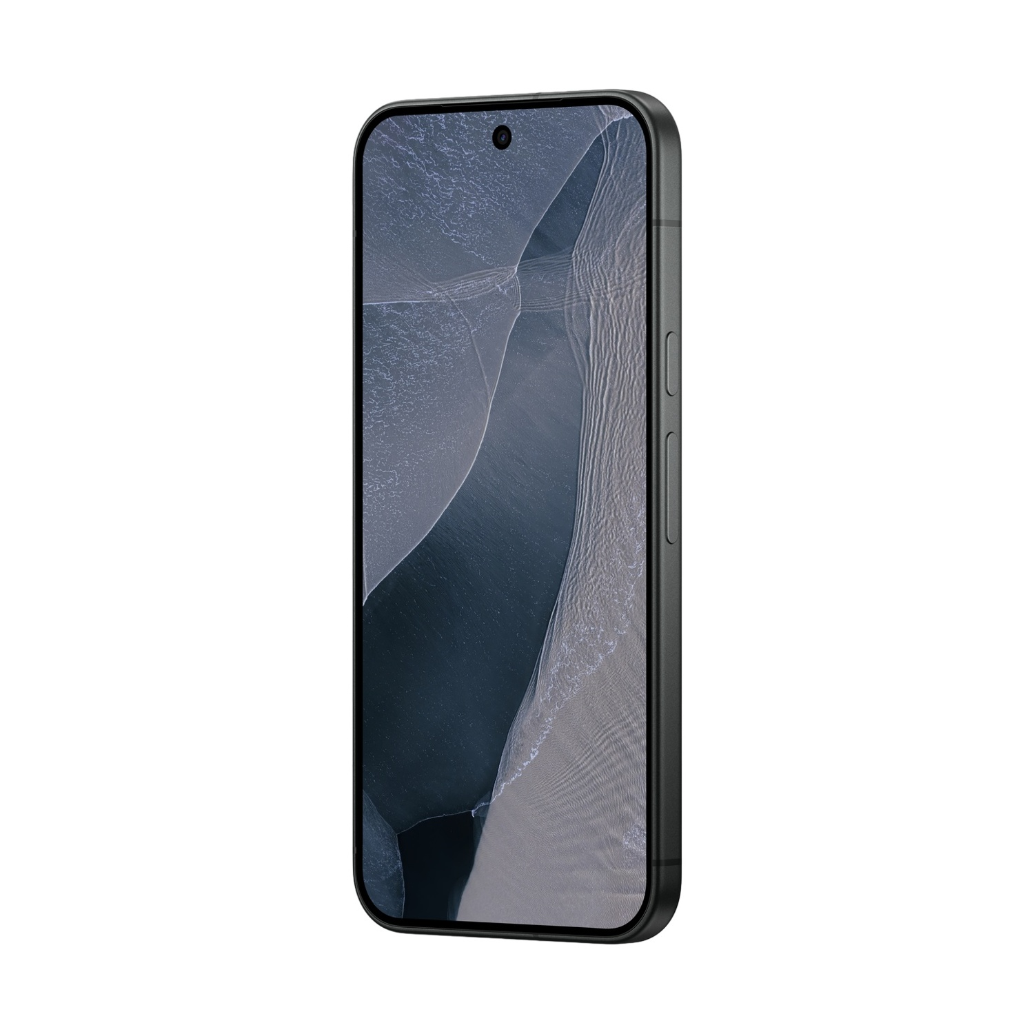Uno smartphone scuro mostra uno sfondo marmorizzato grigio e blu scuro. Sfondo bianco.