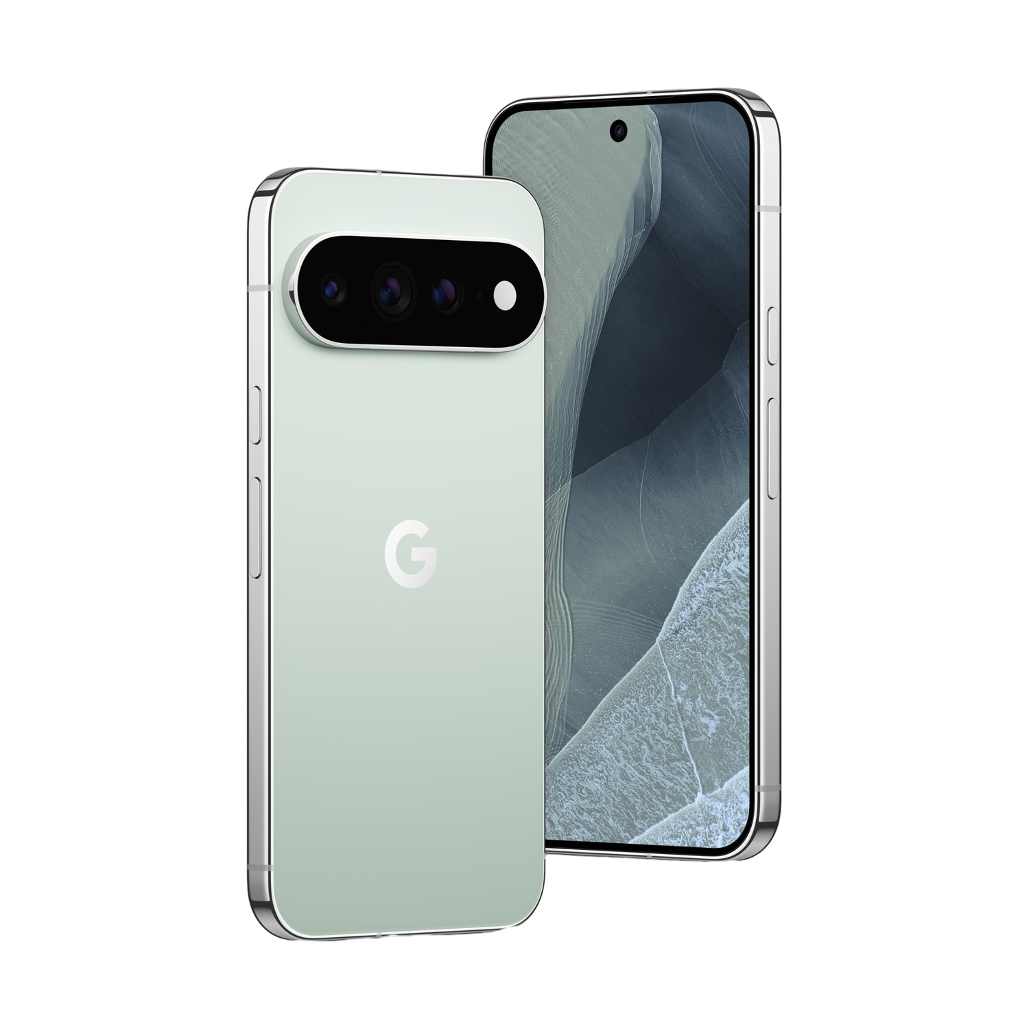 Due smartphone verde chiaro uno accanto all'altro, uno con modulo fotocamera, l'altro con schermo.