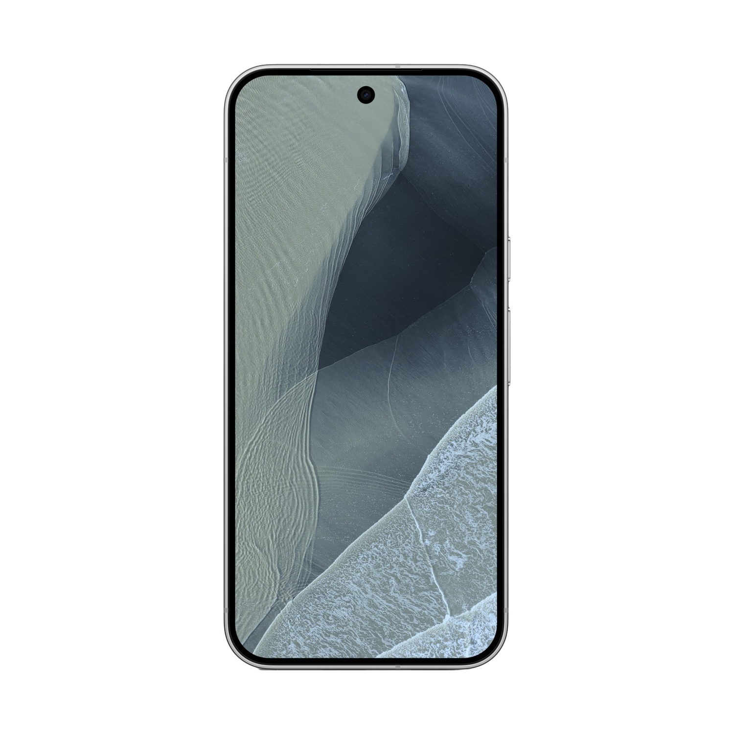 Uno smartphone con un motivo astratto di onde grigie sullo schermo.