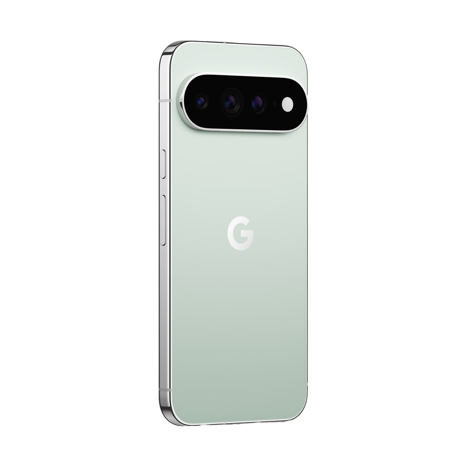Uno smartphone verde chiaro con tre fotocamere e un logo Google sul retro.