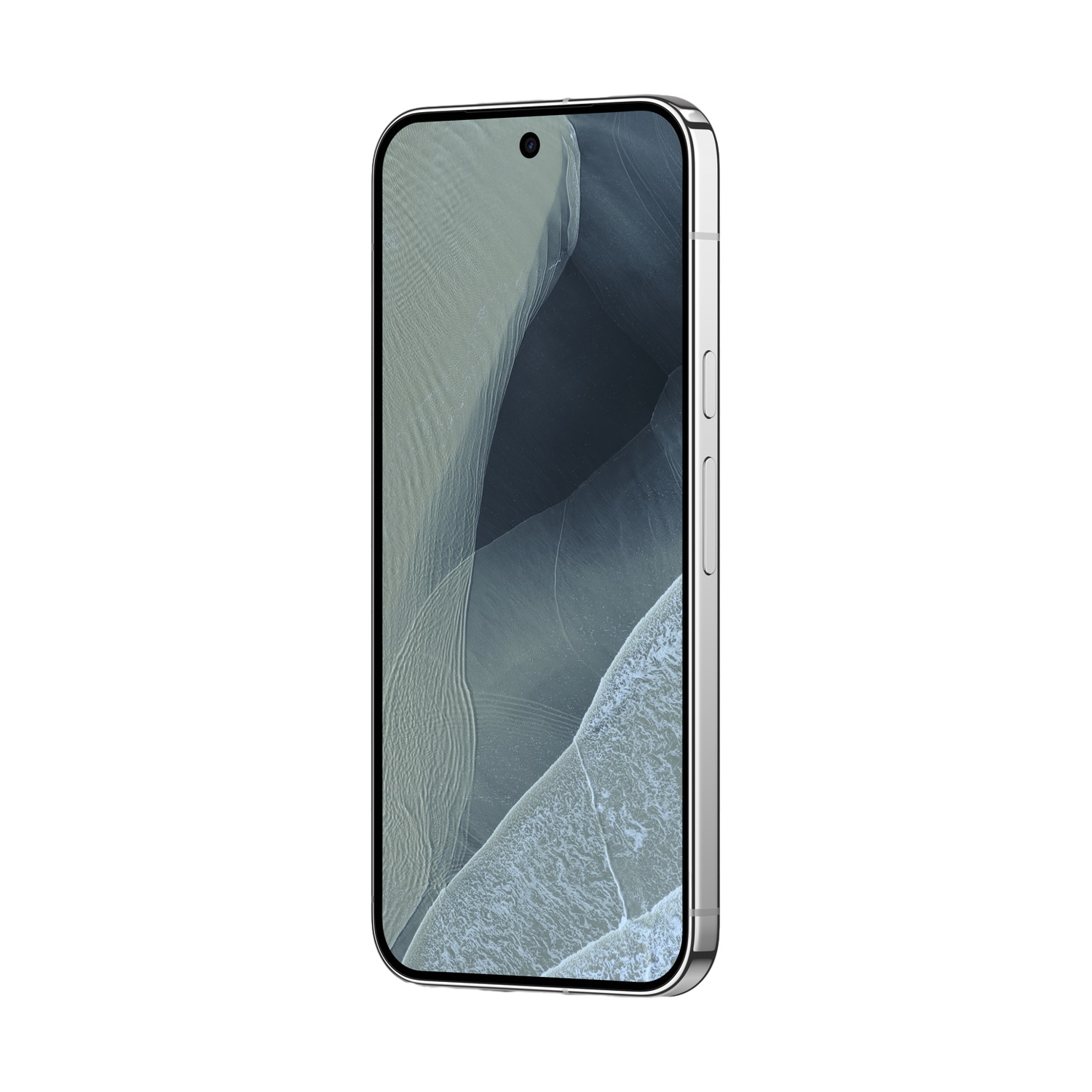 Uno smartphone argentato con motivo a onde sullo schermo, su sfondo bianco.