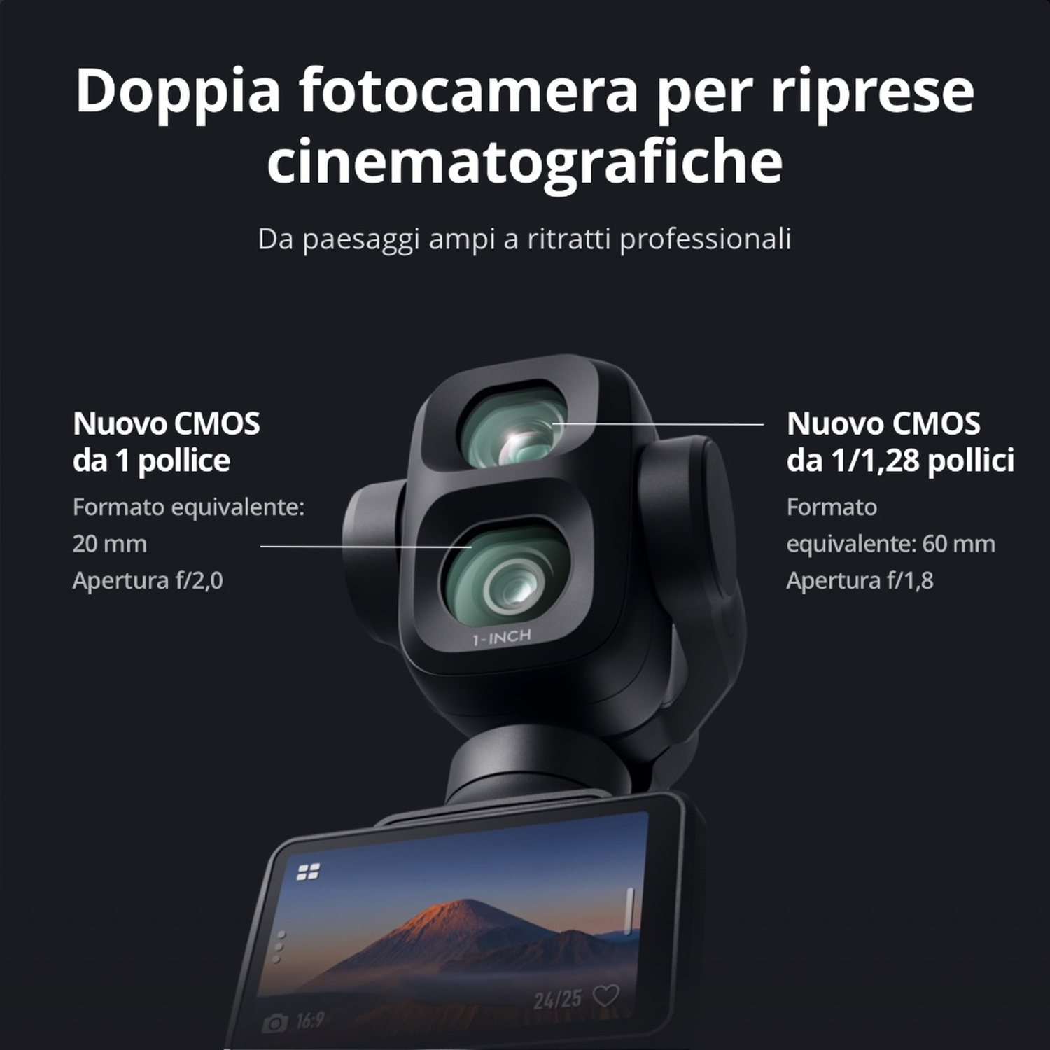 Doppia fotocamera per riprese cinematografiche: sensori CMOS da 1 e 1/1,28 pollici.