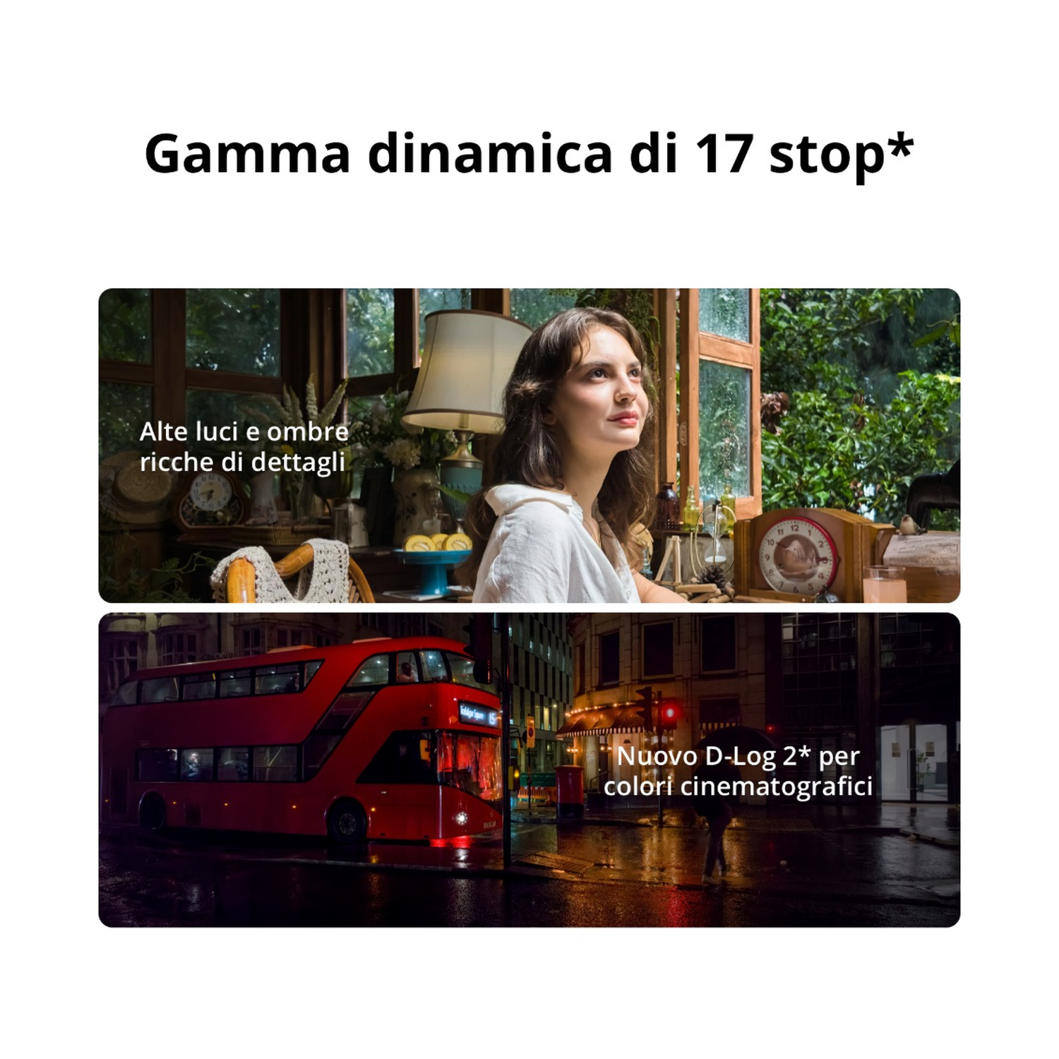 Sopra: Donna in interno. Sotto: Autobus rosso a due piani di notte.