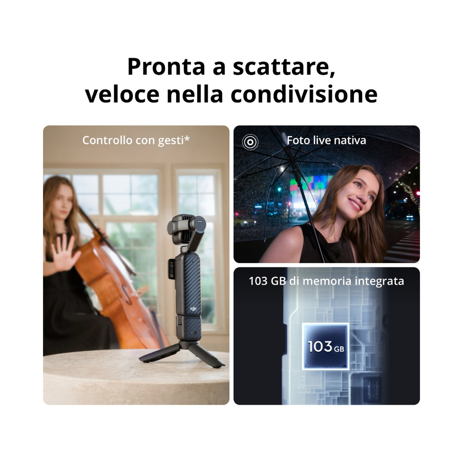 Tre immagini: donna con violoncello, donna con ombrello, capacità di memoria.