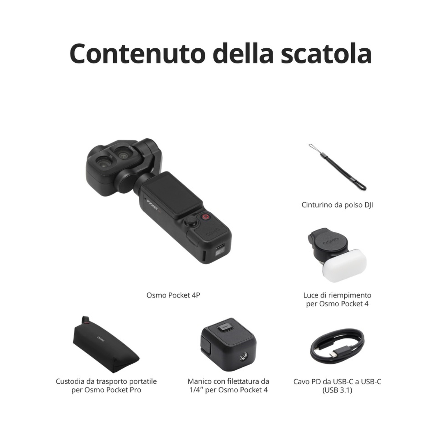 Contenuto della scatola: Osmo Pocket 4P, cinturino, luce di riempimento, custodia, manico, cavo USB-C.