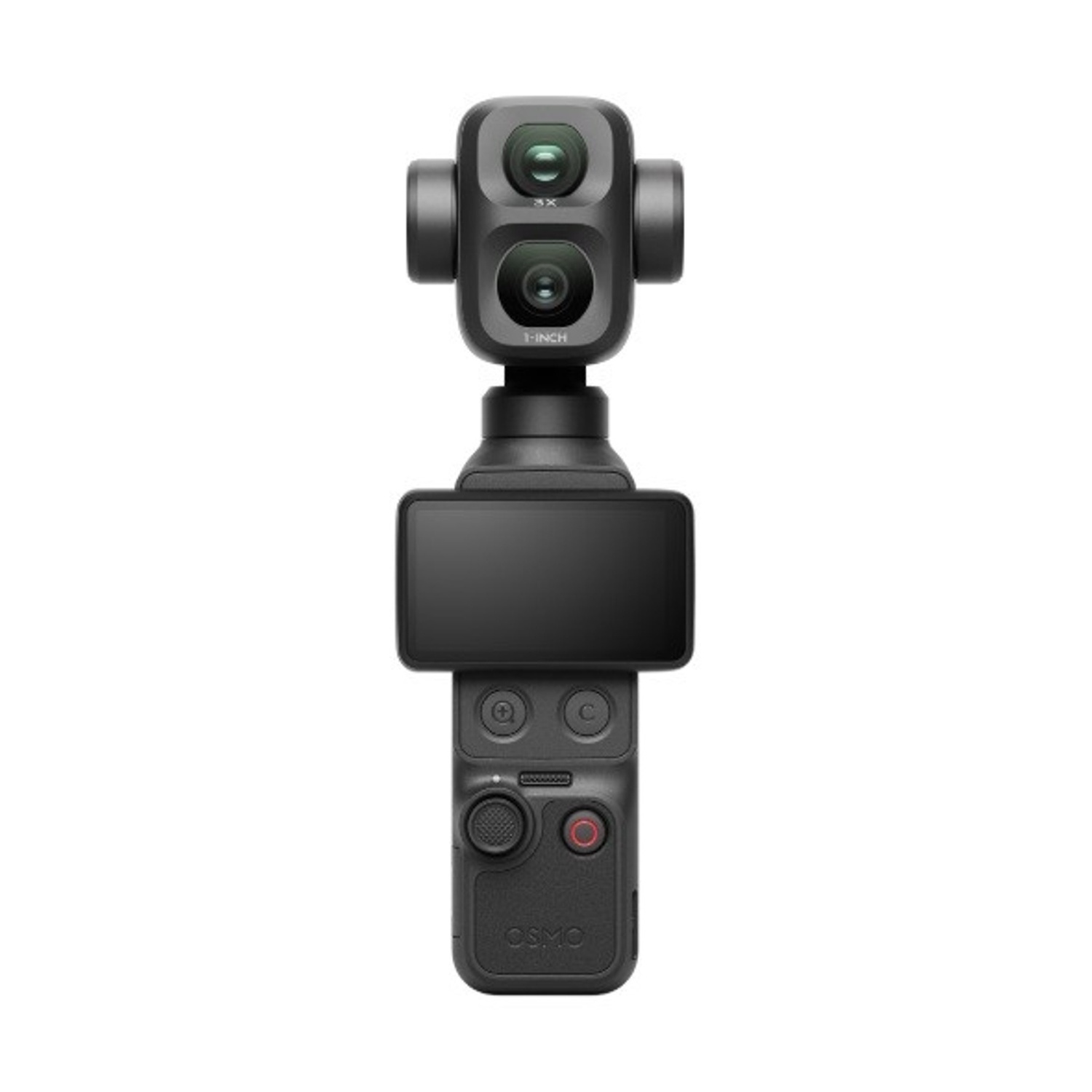 Una telecamera DJI Osmo Action nera con doppio obiettivo e schermo.