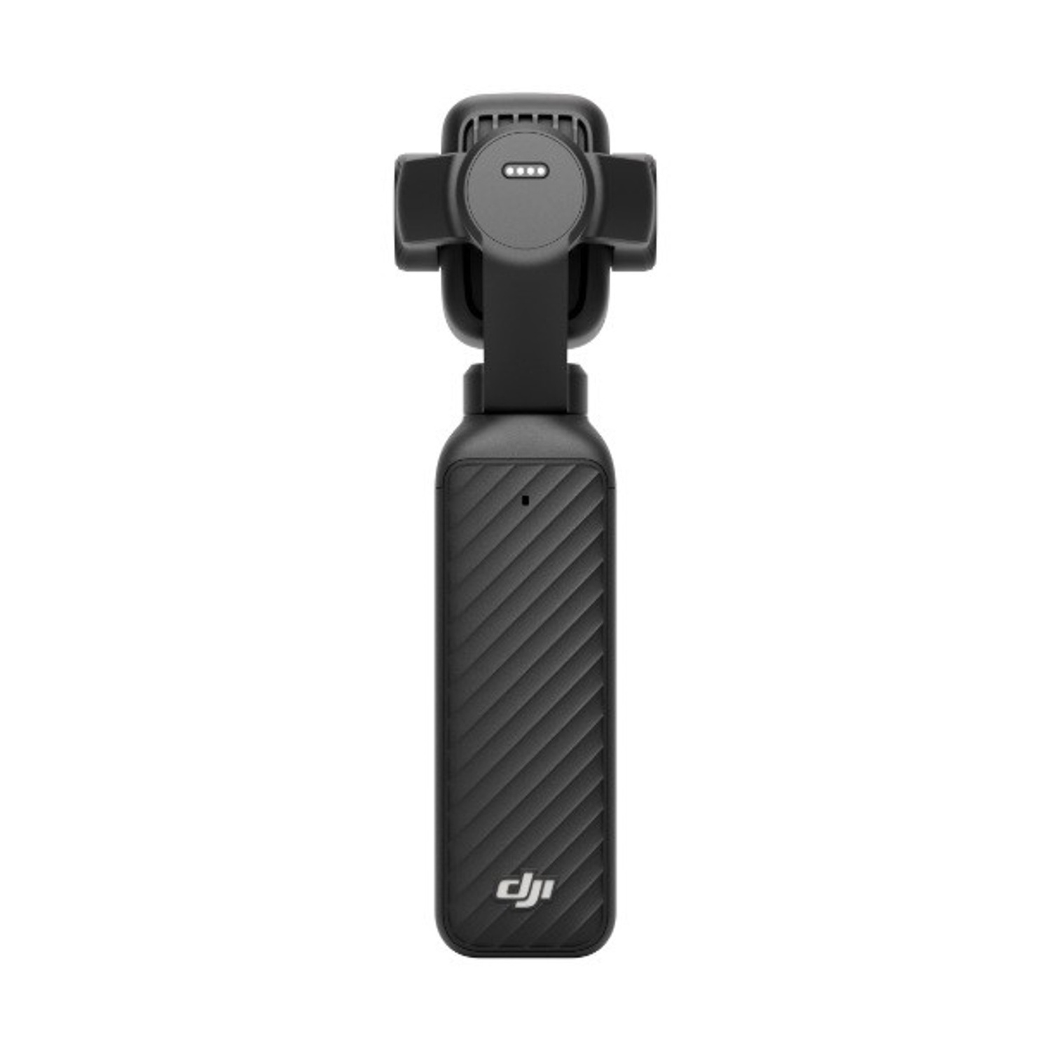 Un gimbal nero con manico e fotocamera in cima. Sfondo bianco.