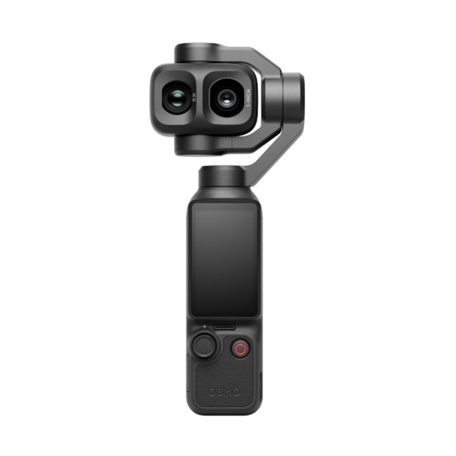 Un gimbal nero con due lenti in alto e uno schermo in basso.