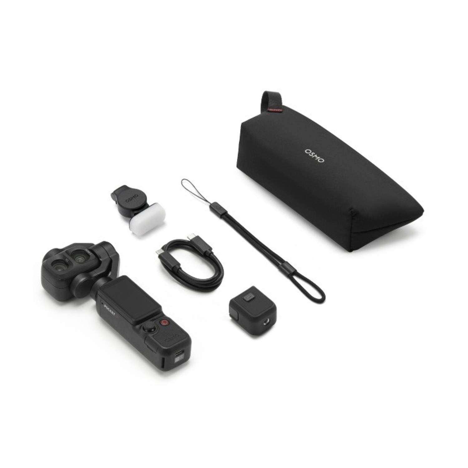 Un gimbal nero con accessori, tra cui un cavo di ricarica e una custodia.